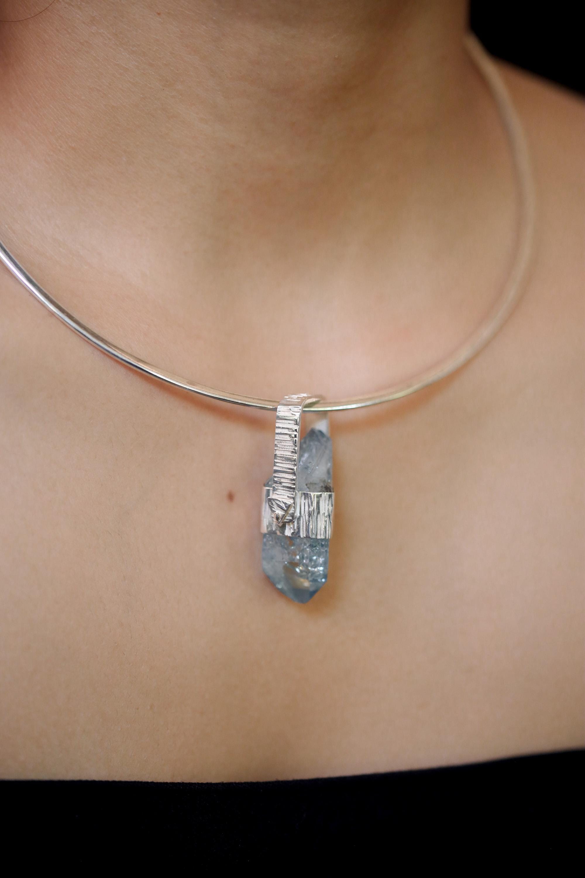 Double Terminated Rainbow Inclusion Window Aqua Aura Quartz Point Pendant Silver, High Shine Hammered Wrap, Hinged Bail, Crystal Jewelry