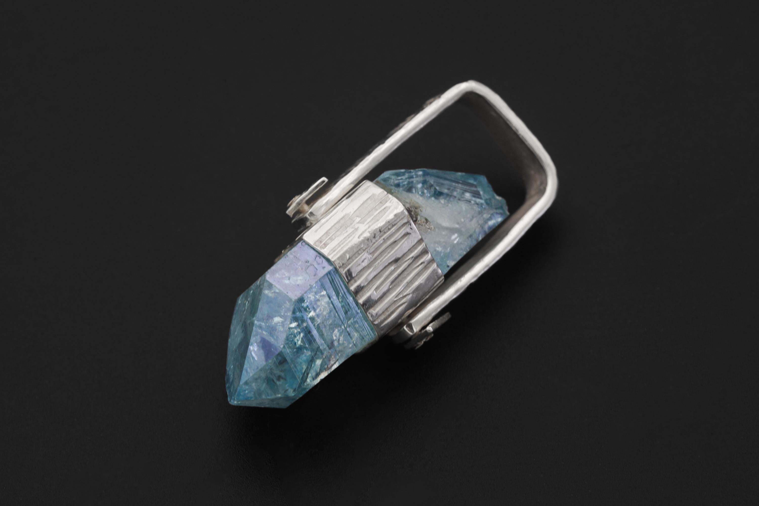 Double Terminated Rainbow Inclusion Window Aqua Aura Quartz Point Pendant Silver, High Shine Hammered Wrap, Hinged Bail, Crystal Jewelry
