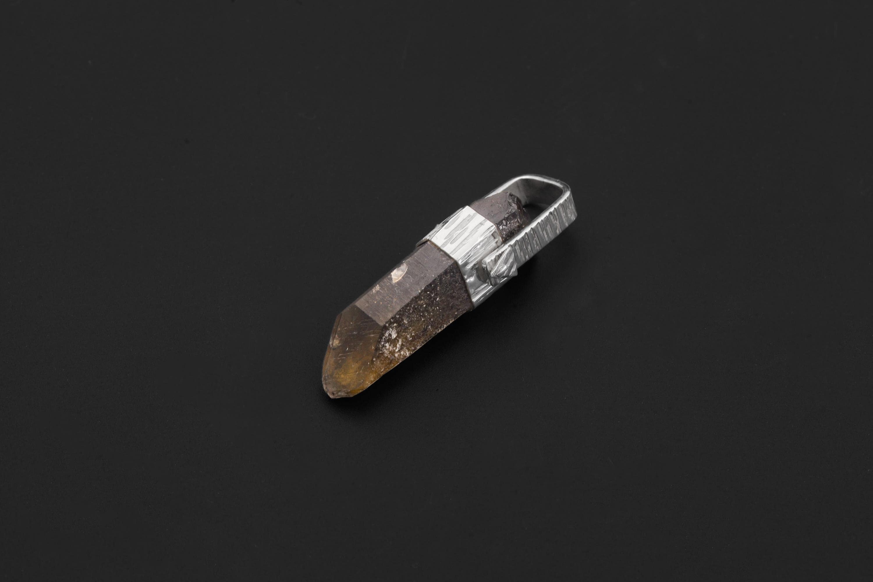 Australian Record Keeper Rainbow Inclusion Citrine Quartz Point Pendant 925 Silver High Shine Finish Hammered Texture Crystal Jewelry