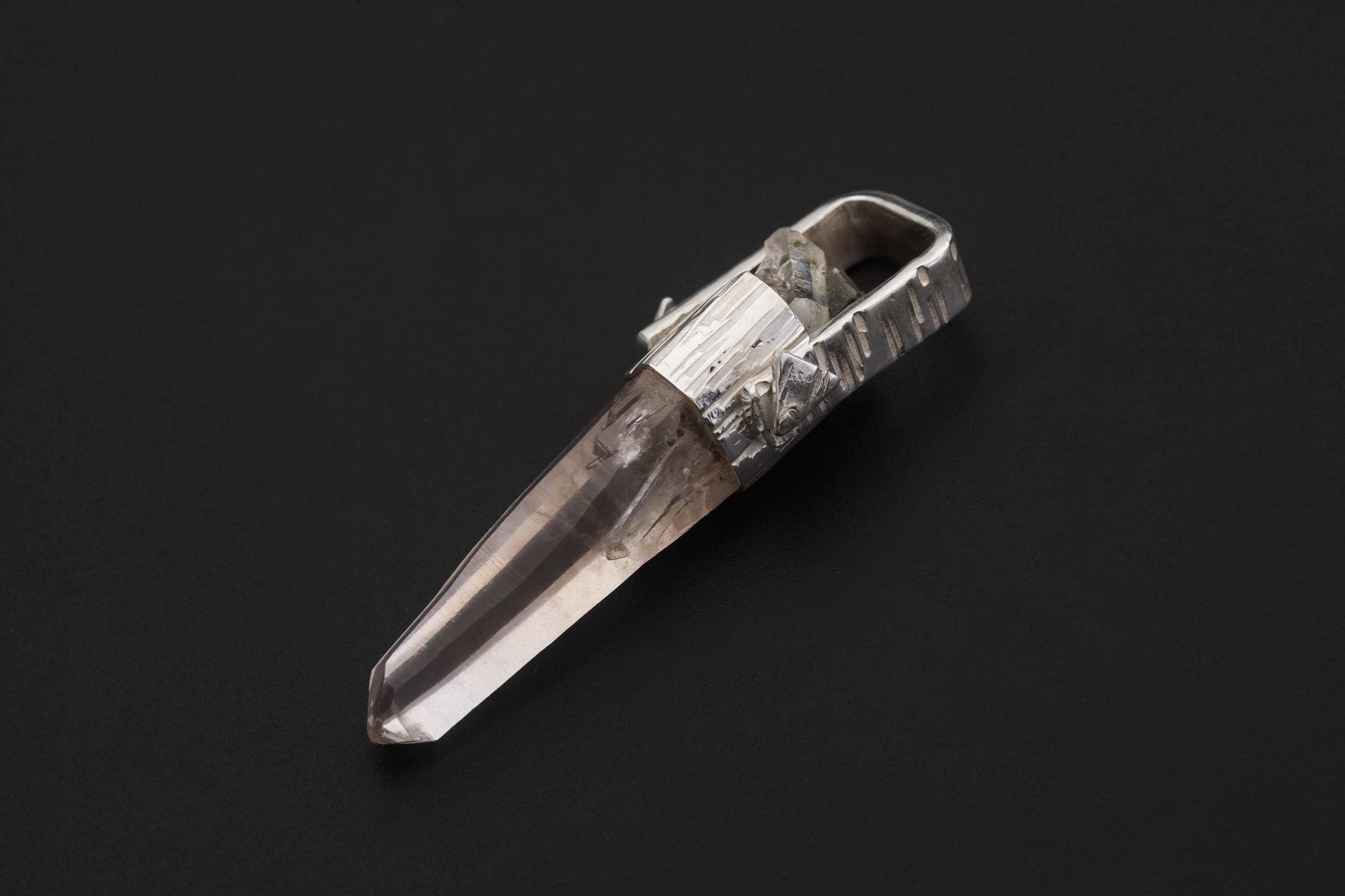 Himalayan Lemurian Quartz Point Pendant, Hammered 925 Silver, Chakra Healing