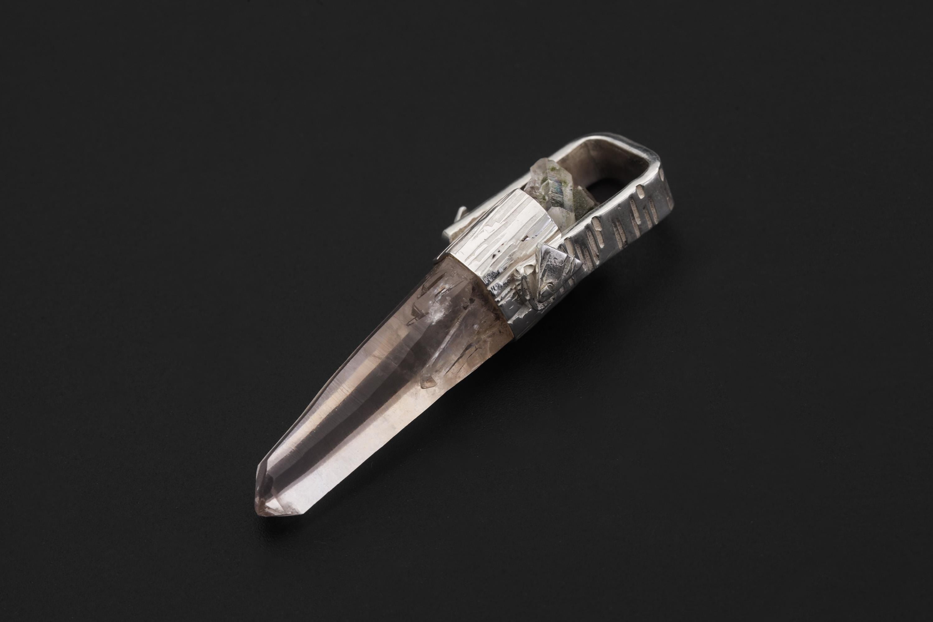 Lemurian Himalayan Laser Manifestation Quarts Point Pendant, 925 Silver, High Shine Finish, Hammered Texture, Chakra Healing Crystal Jewelry