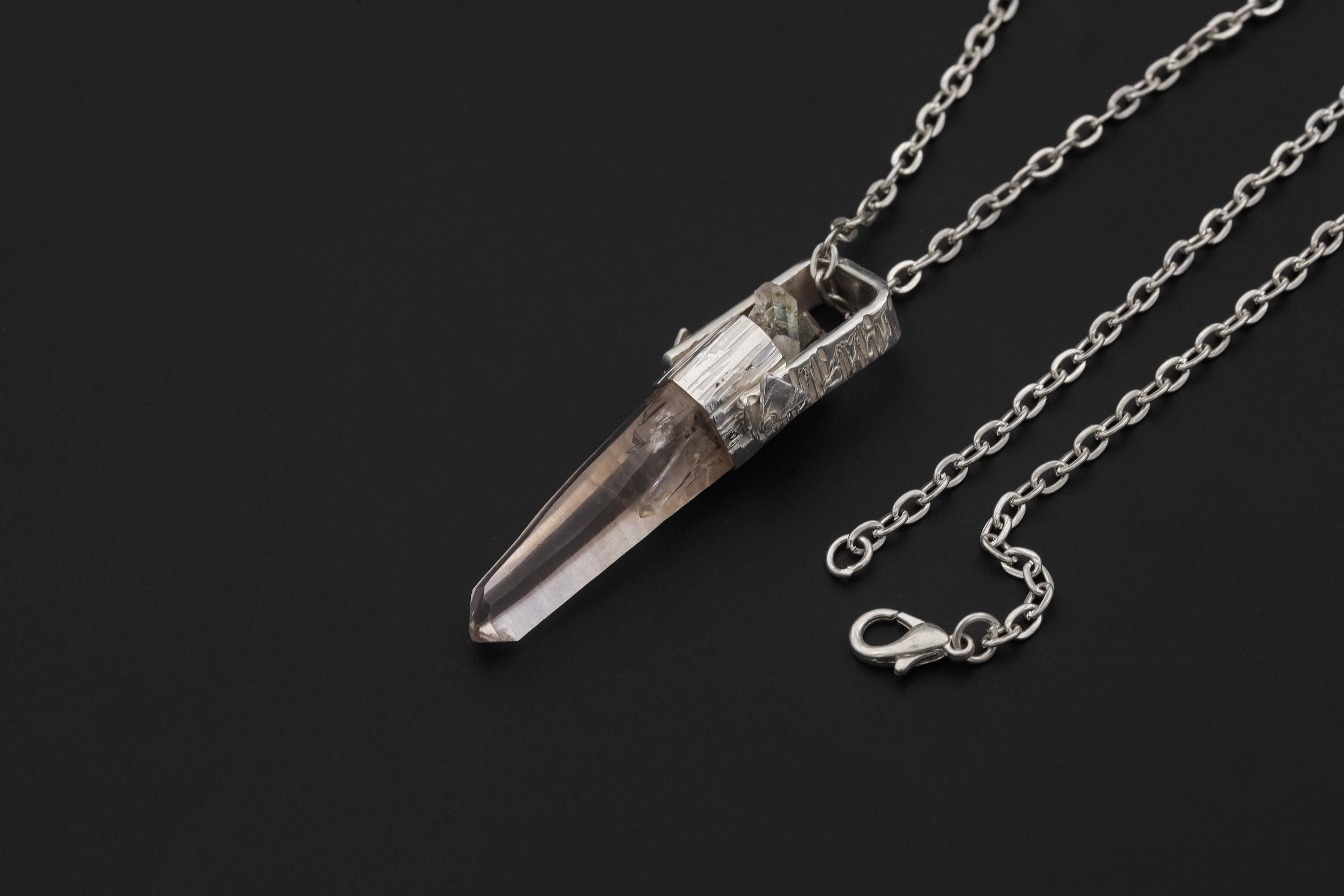 Lemurian Himalayan Laser Manifestation Quarts Point Pendant, 925 Silver, High Shine Finish, Hammered Texture, Chakra Healing Crystal Jewelry