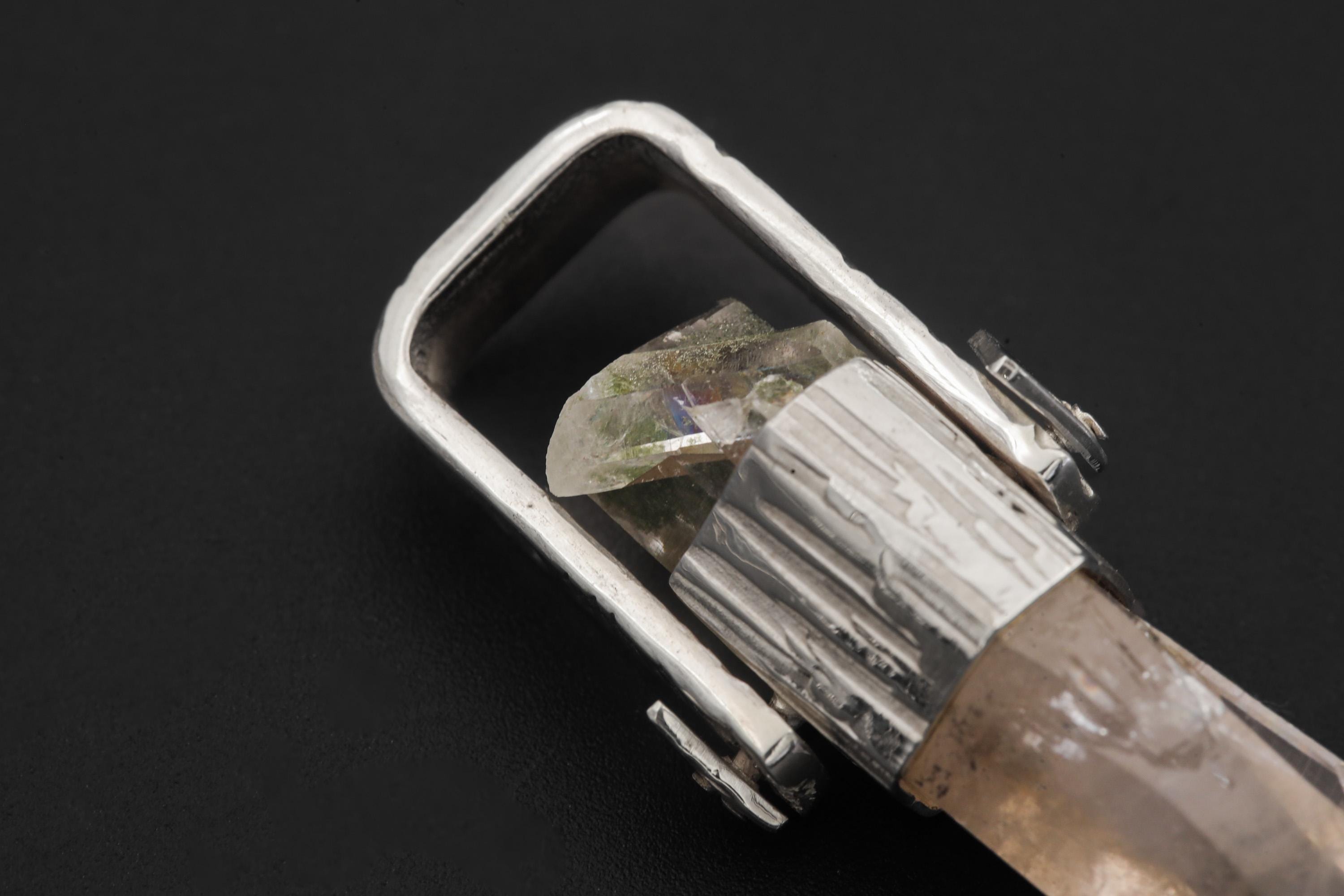 Lemurian Himalayan Laser Manifestation Quarts Point Pendant, 925 Silver, High Shine Finish, Hammered Texture, Chakra Healing Crystal Jewelry