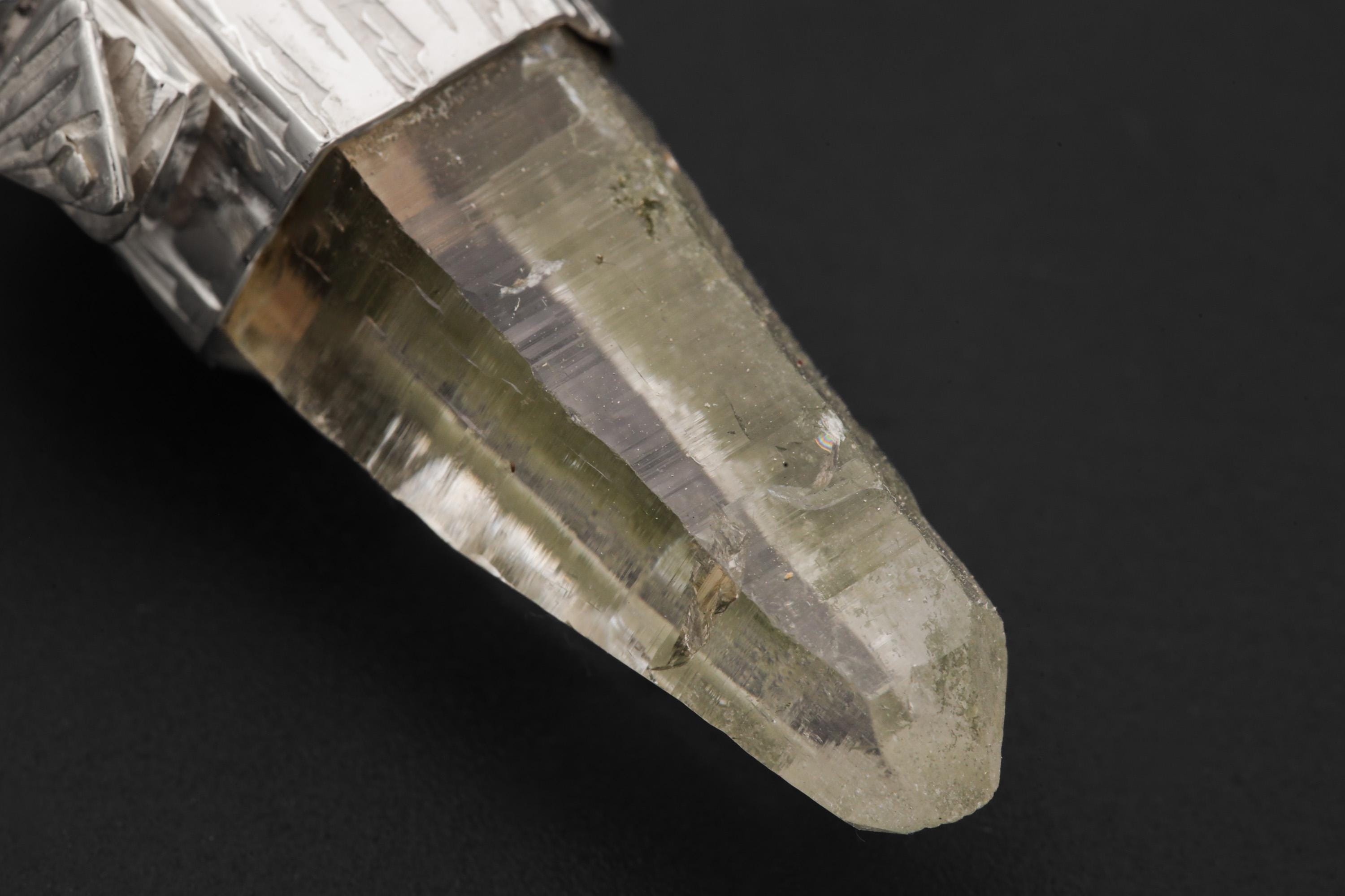 Himalayan Lemurian Laser Chlorite Quartz Point Pendant, Sterling Silver, Line Hammered Texture, High Shine Finish, Healing Jewelry