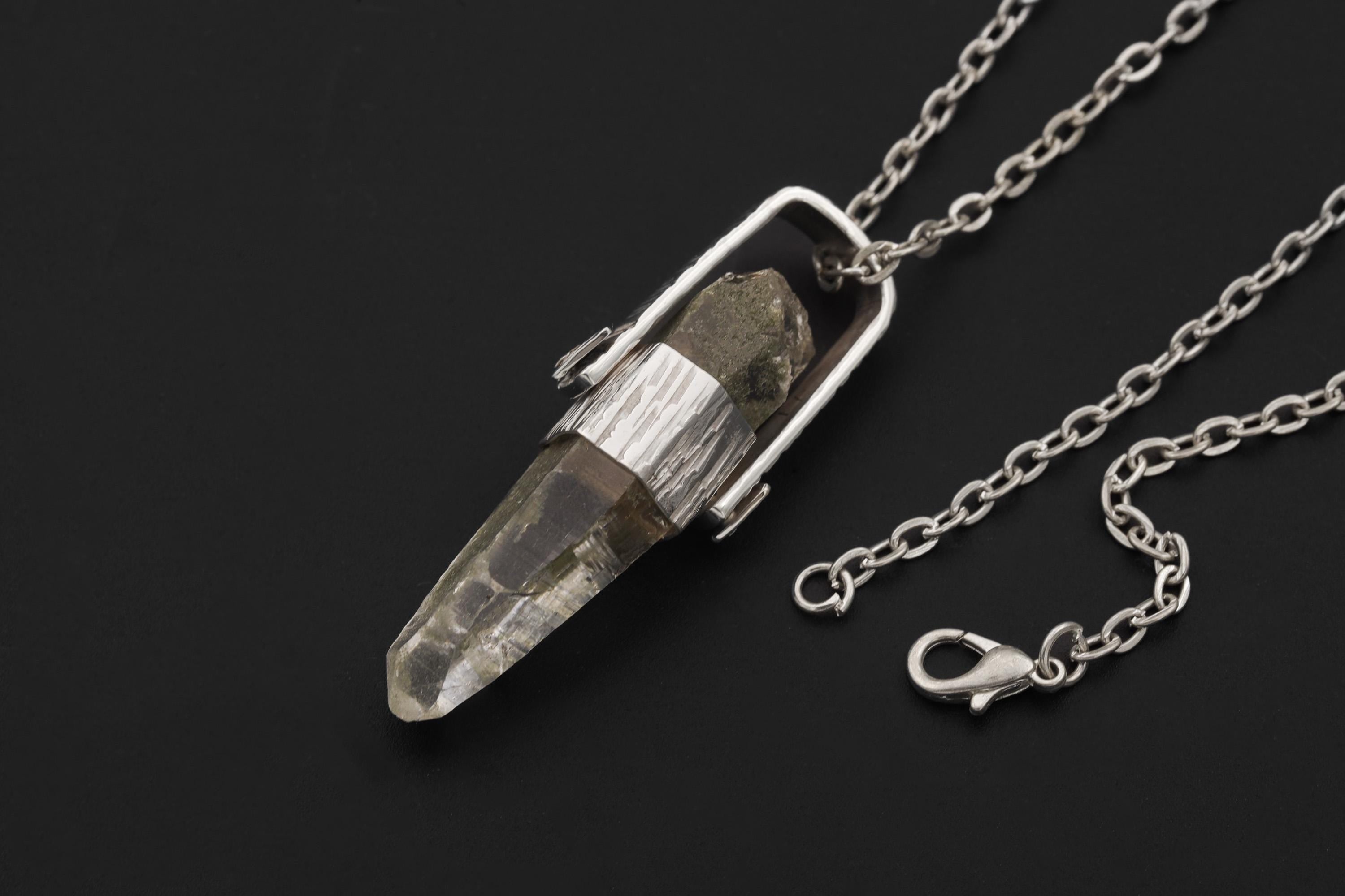 Himalayan Lemurian Laser Chlorite Quartz Point Pendant, Sterling Silver, Line Hammered Texture, High Shine Finish, Healing Jewelry