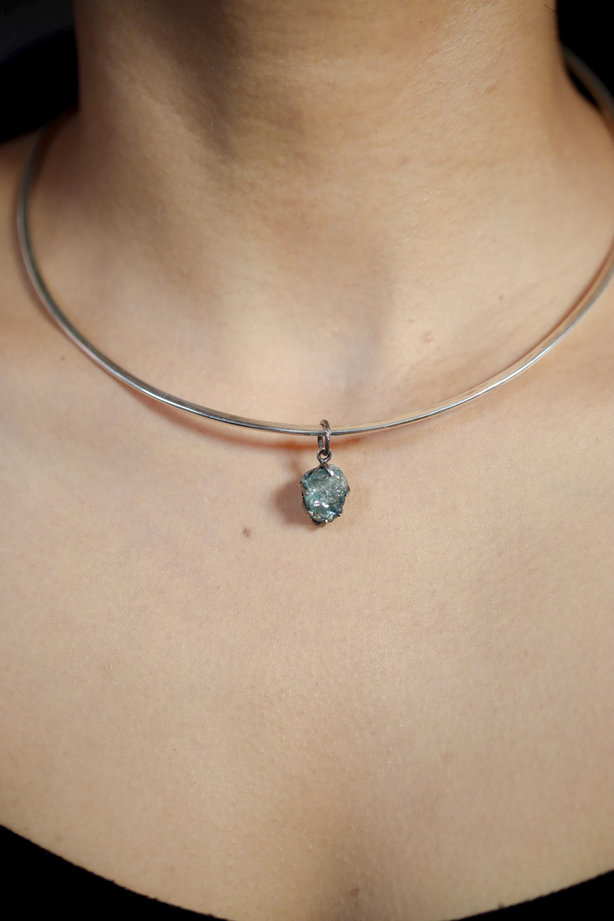 Aqua Blue Facet Grade Natural Gem Aquamarine Chunk, Sterling Silver Pendant, Claw Setting, Hammer Textured & Oxidized, Healing Crystal Gift