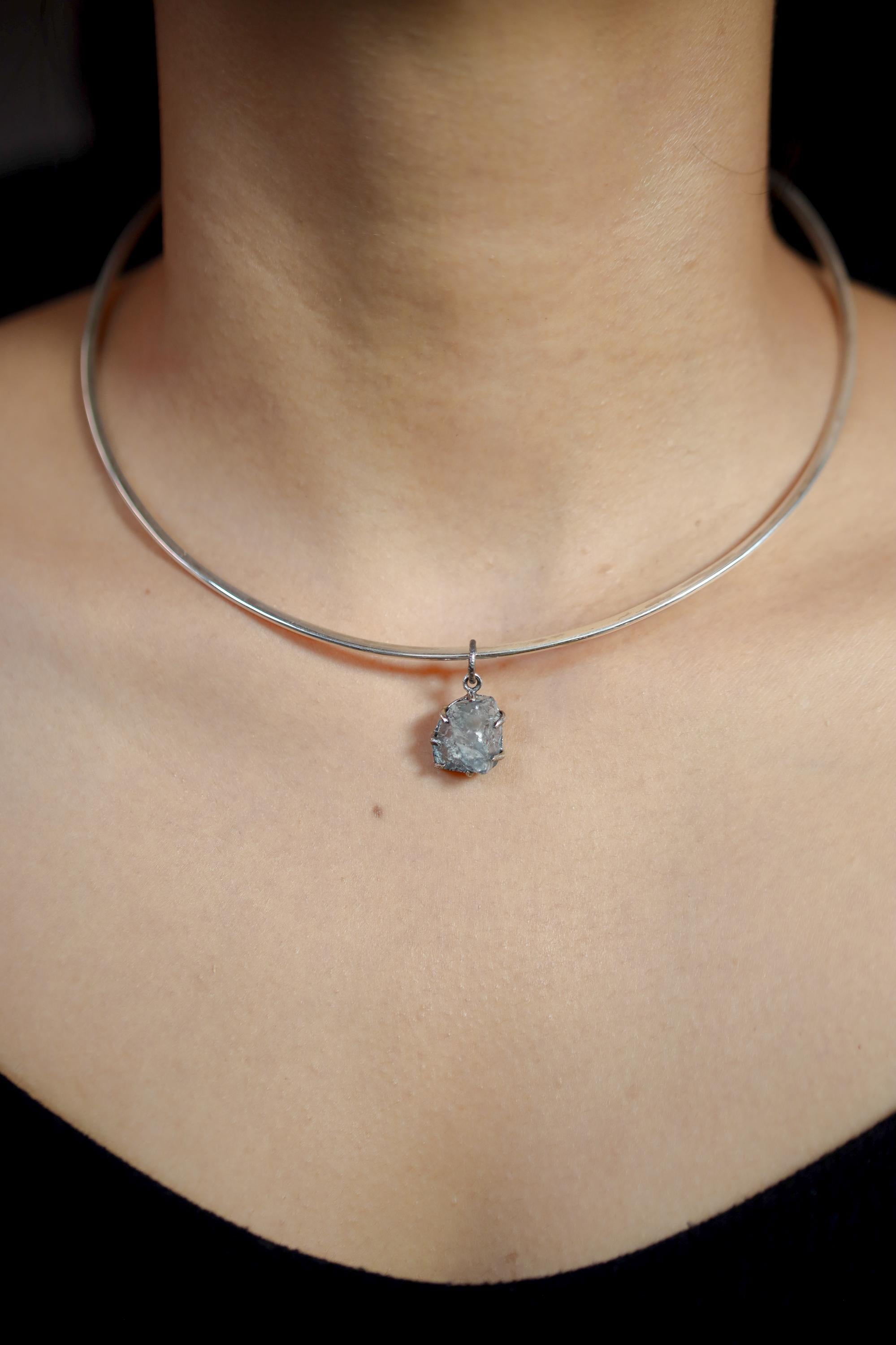 Dark Blue Facet Grade Natural Gem Aquamarine Chunk Pendant Sterling Silver Claw Setting, Hammer Texture, Oxidized Finish, March Birthstone