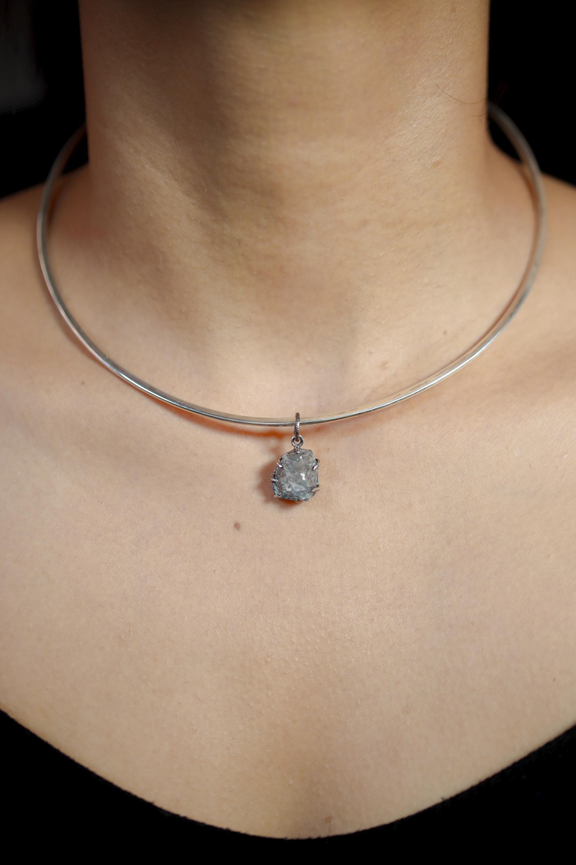 Dark Blue Facet Grade Natural Gem Aquamarine Chunk Pendant Sterling Silver Claw Setting, Hammer Texture, Oxidized Finish, March Birthstone