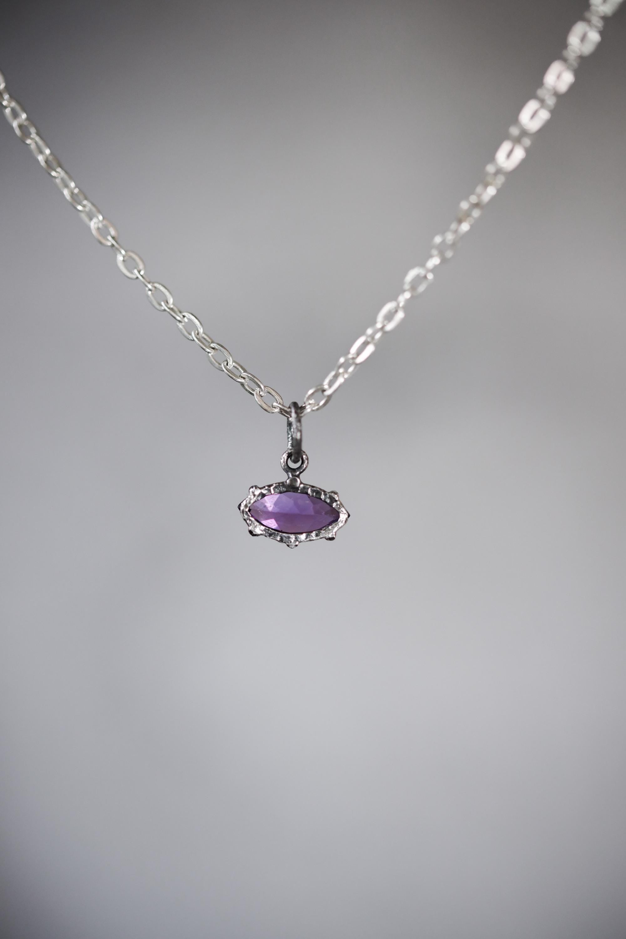 Facet Cut Eye Shaped Natural High Grade Dark Purple Amethyst 925 Silver Oxidized Hammer Texture Healing Crystal Jewelry, Crown Chakra Gift