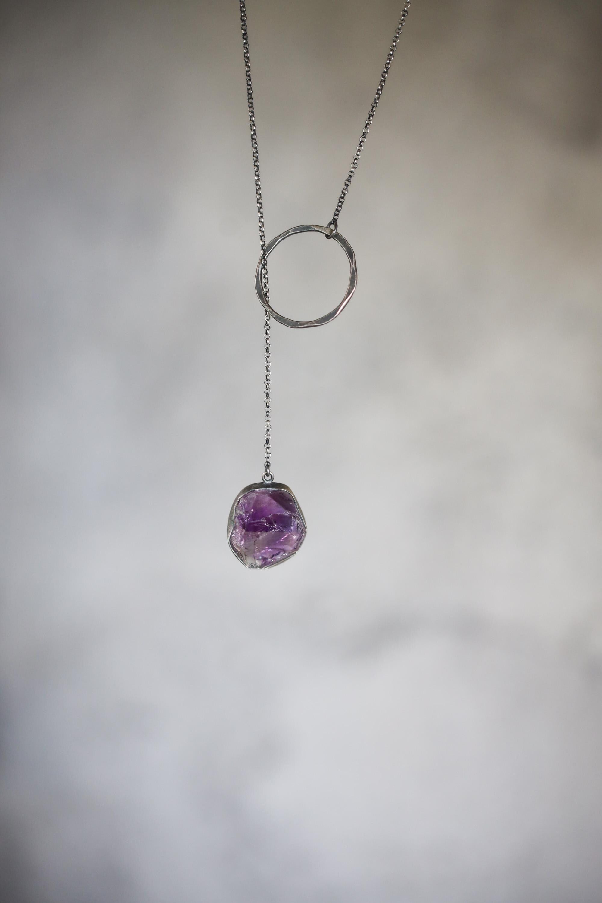 Amethyst Noose Necklace, 925 Oxidized Silver, Raw Crystal Pendant, Unique Loop Chain, Brushed Texture, Modern Spiritual Jewelry