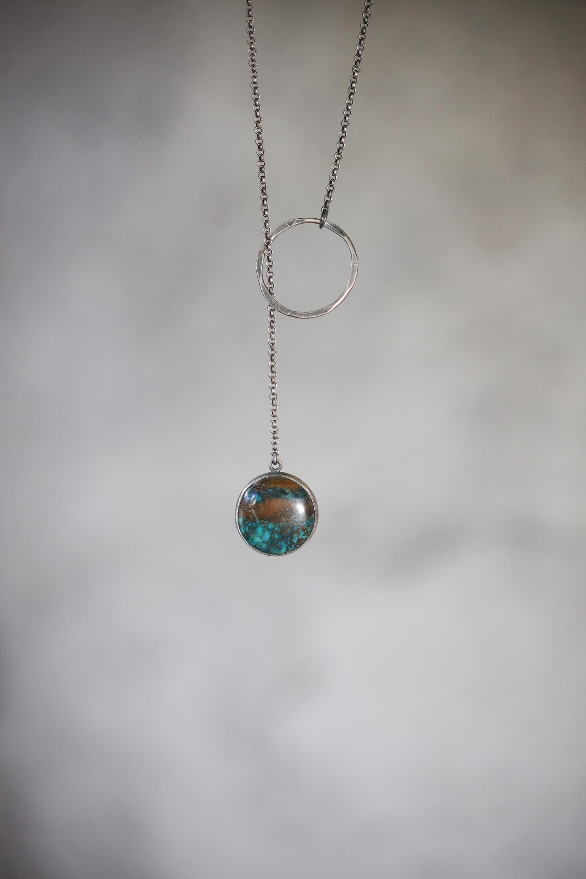 Turquoise Noose Necklace, 925 Oxidized Silver, Round Gem Pendant, Adjustable Loop Chain, Brushed Finish, Boho Spiritual Jewelry
