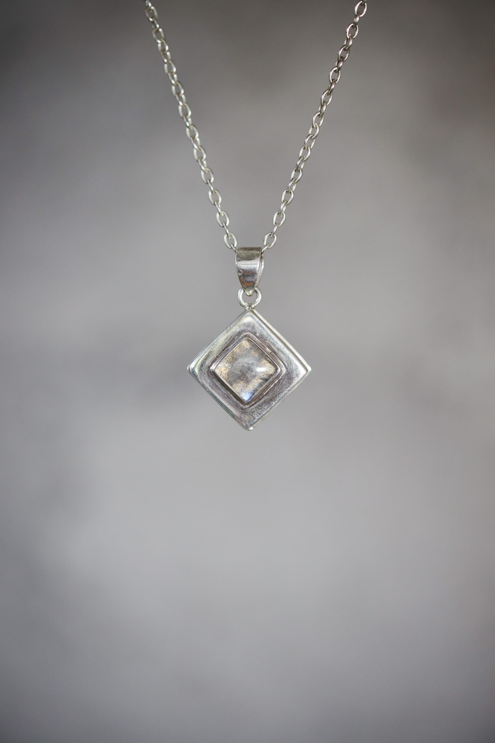 Labradorite Silver Locket Pendant, Diamond Shape, Third Eye Healing Stone