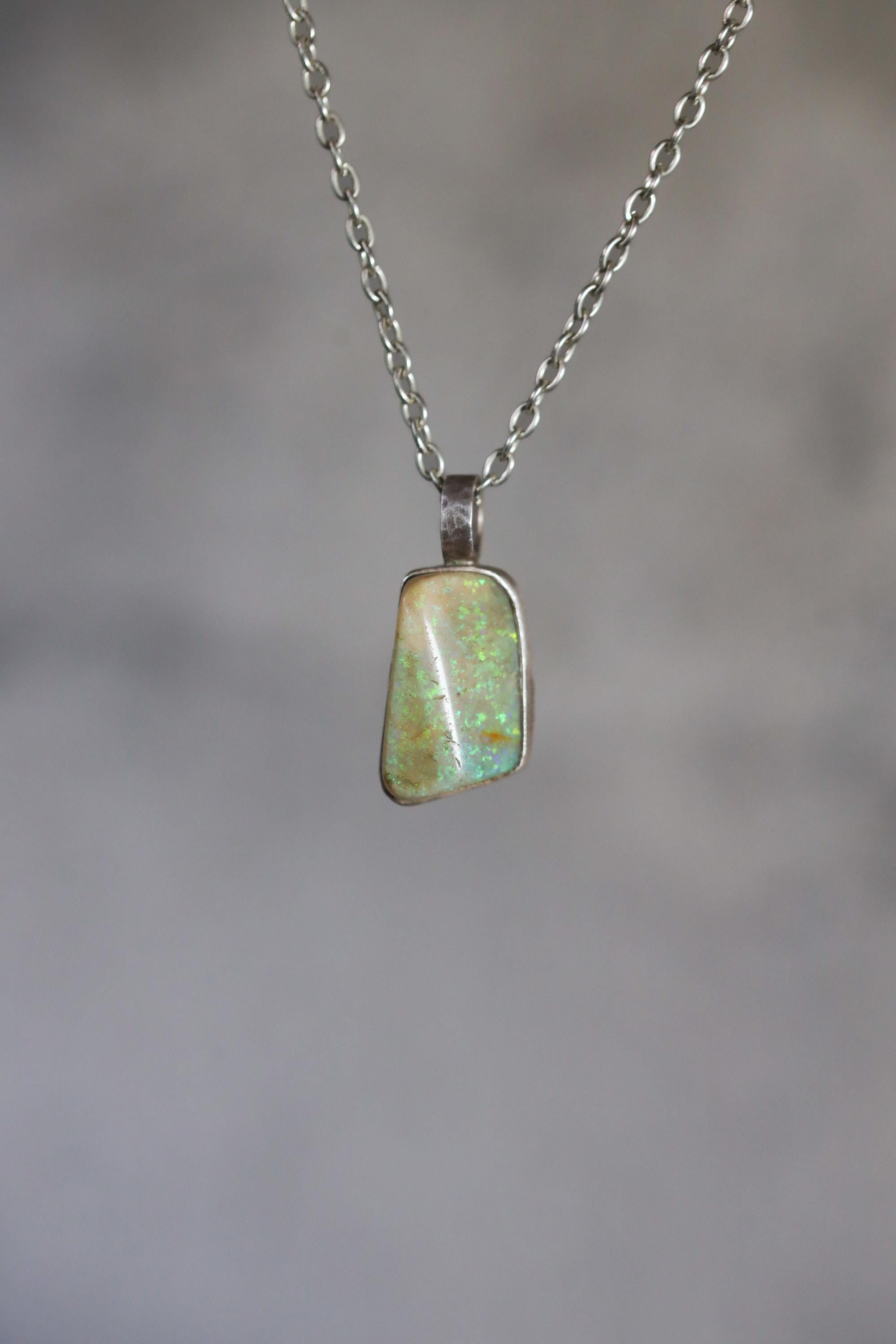 Solid Lightning Ridge White Fiery Gem Opal Pendant, 925 Silver, Hammered Round Bail, Organic Bezel Texture, 22ct Australian Opal Jewelry