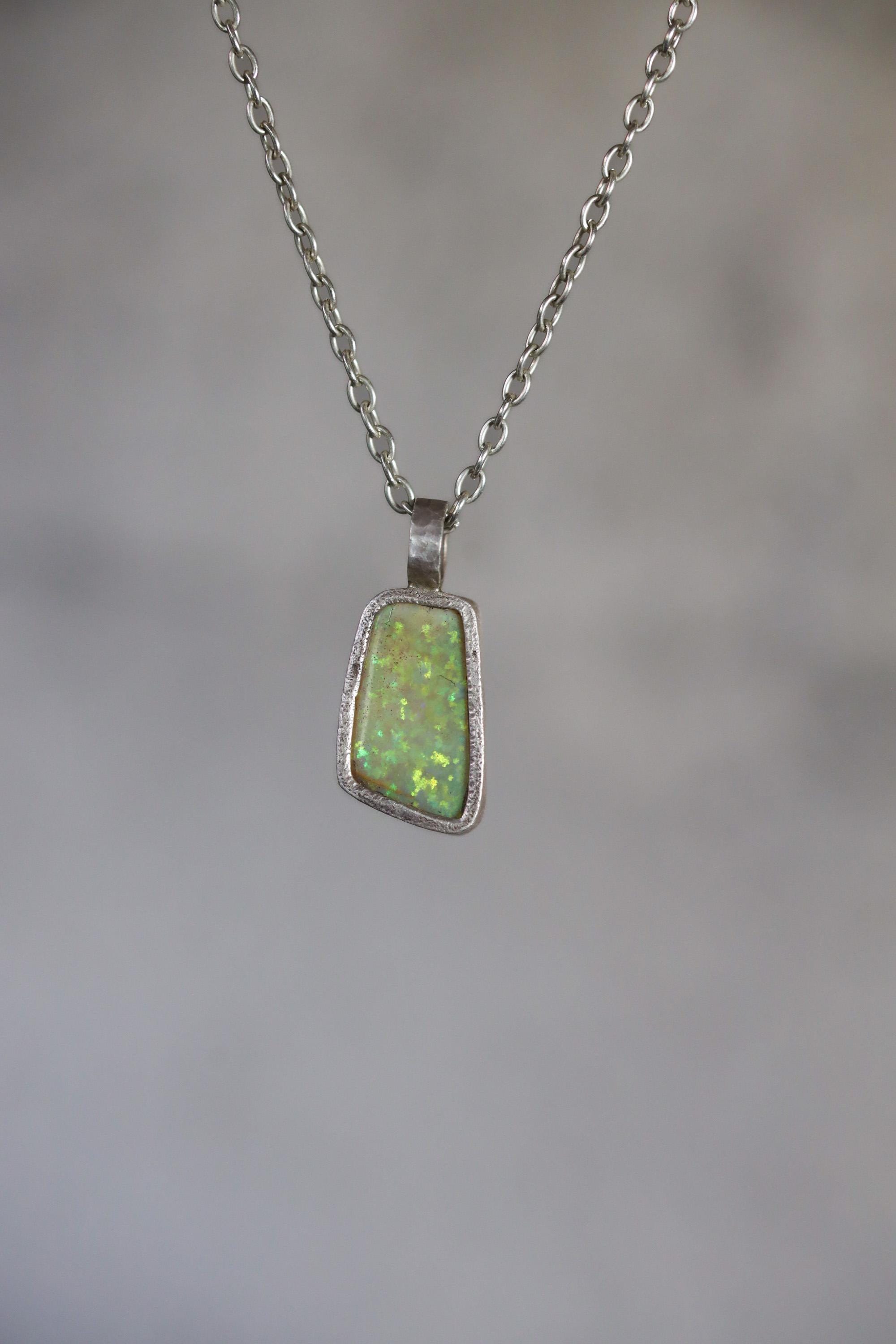 Solid Lightning Ridge White Fiery Gem Opal Pendant, 925 Silver, Hammered Round Bail, Organic Bezel Texture, 22ct Australian Opal Jewelry