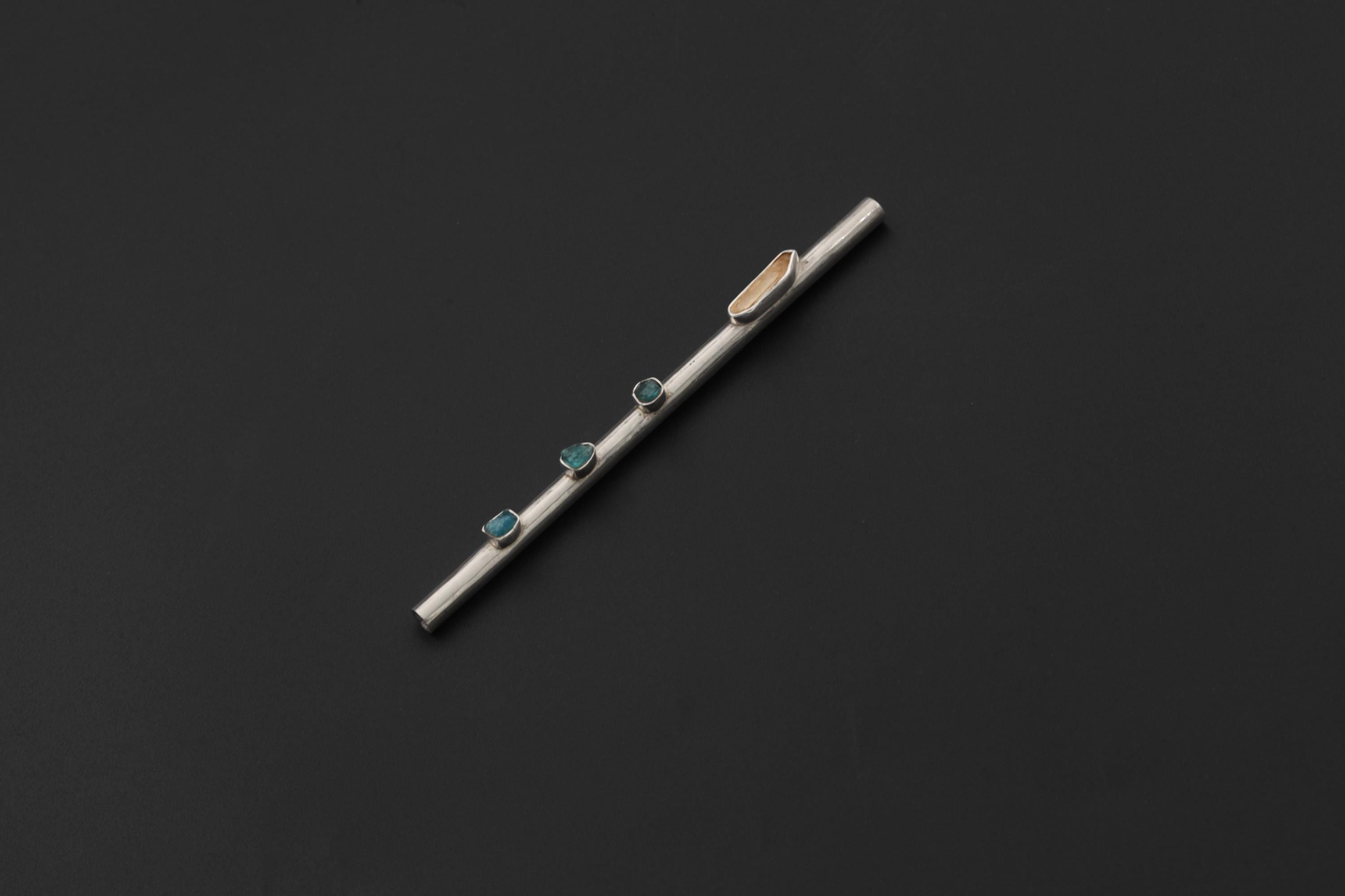Sterling Silver Tiny Tube Straw with Quartz and Blue Apatite, Functional Straw High Shine Finish Artisan Silverwork Healing Crystal Tool