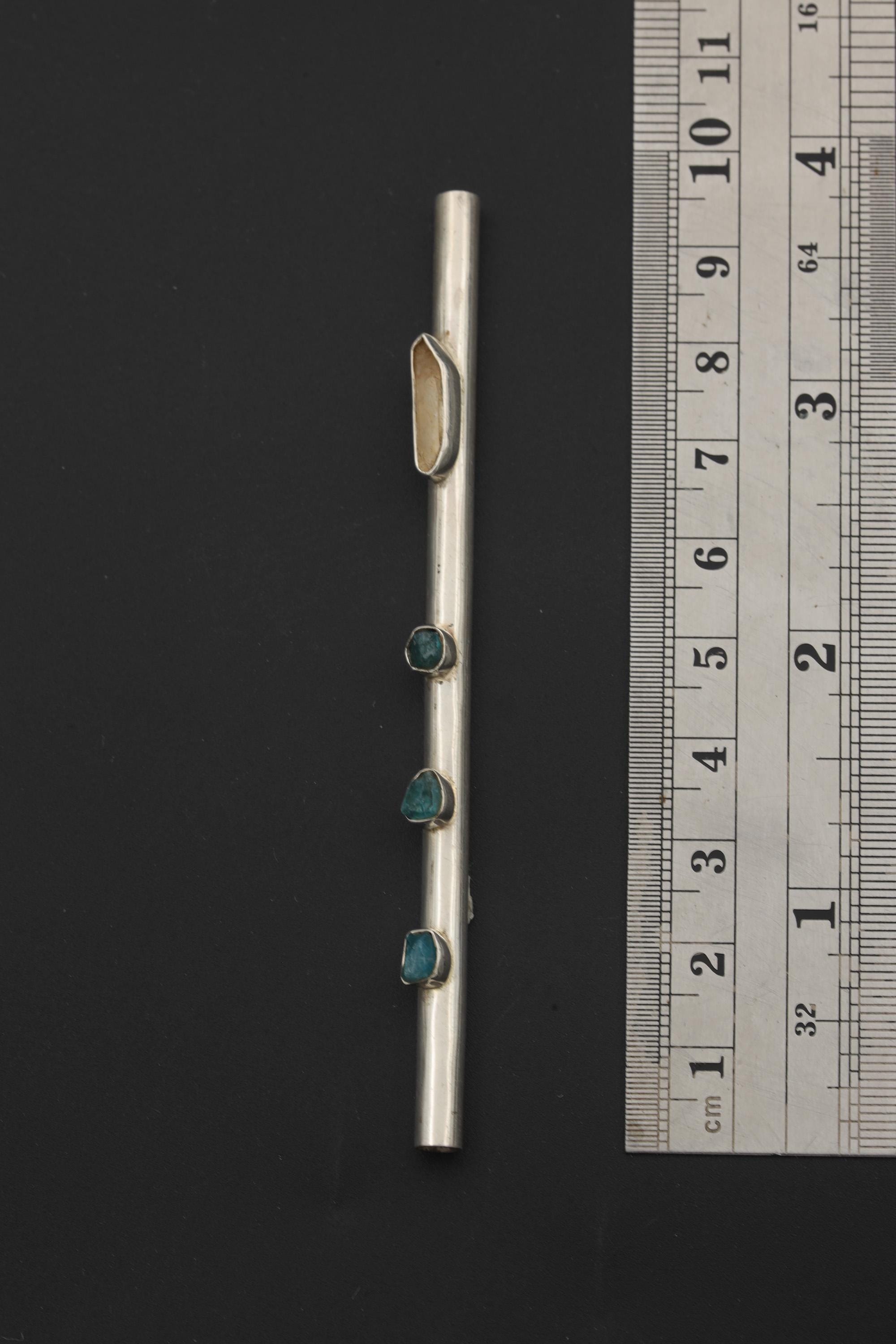 Sterling Silver Tiny Tube Straw with Quartz and Blue Apatite, Functional Straw High Shine Finish Artisan Silverwork Healing Crystal Tool