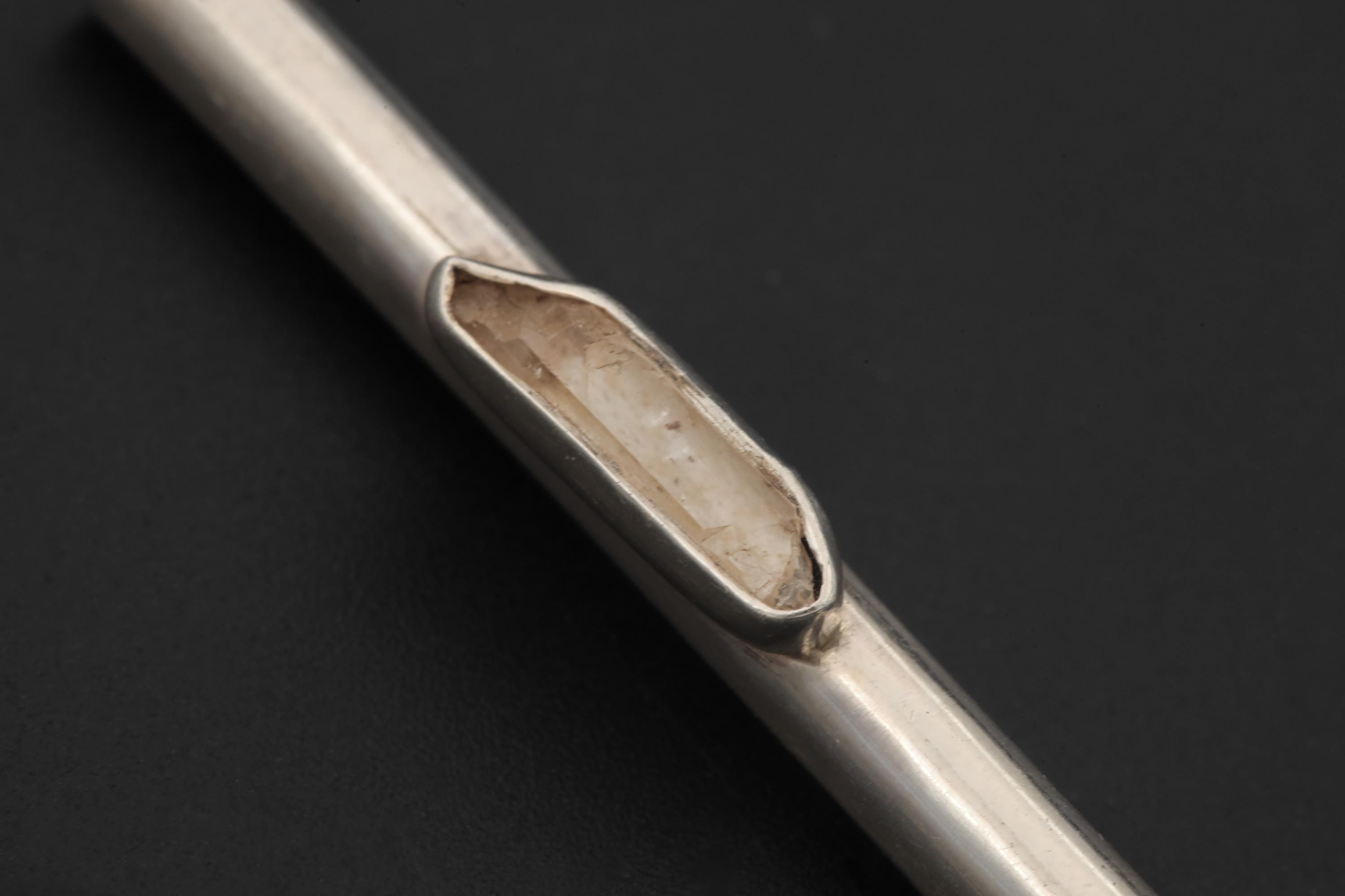 Sterling Silver Tiny Tube Straw with Quartz and Blue Apatite, Functional Straw High Shine Finish Artisan Silverwork Healing Crystal Tool