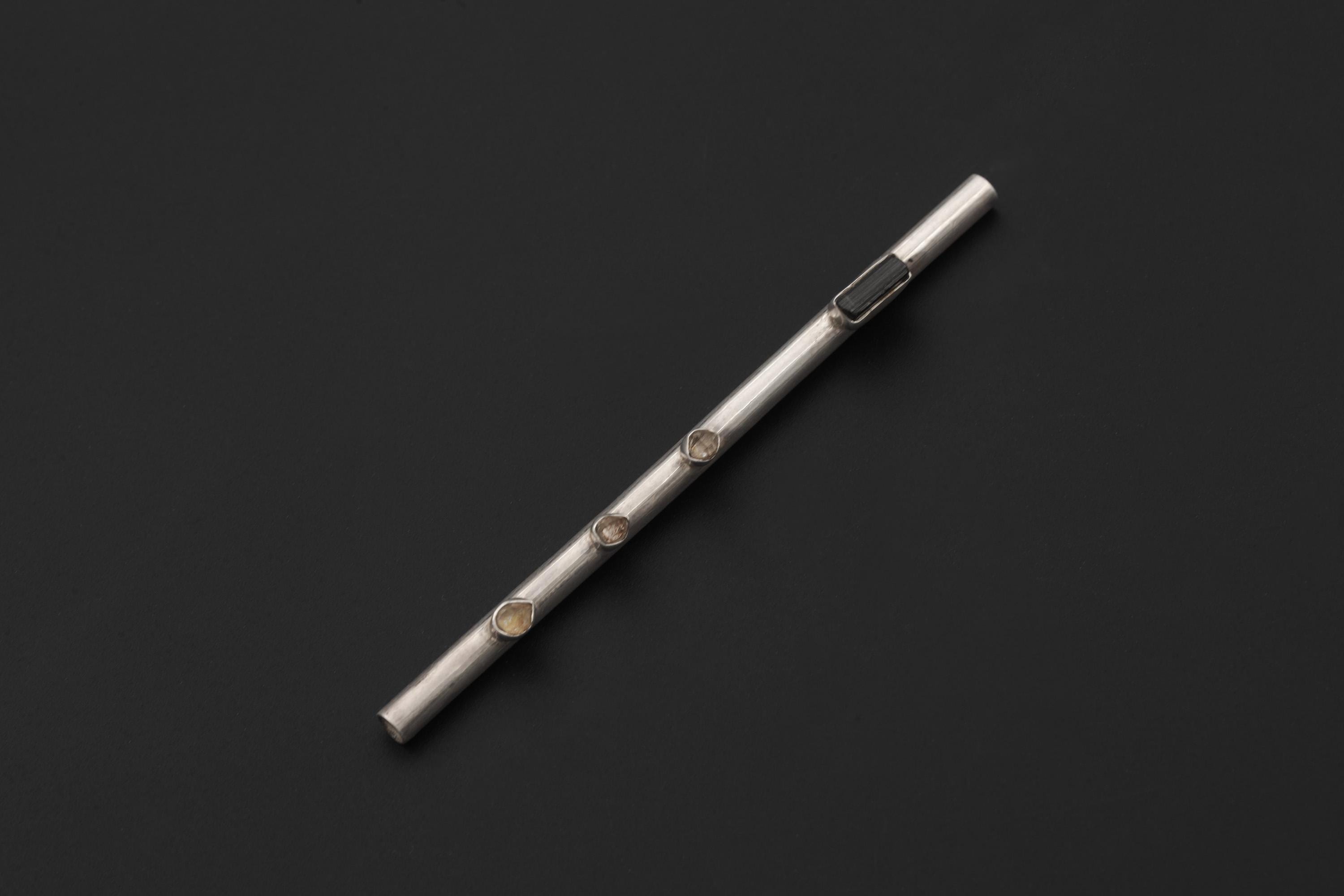 Black Tourmaline and Herkimer Diamond Sterling Silver Tiny Tube Straw, Functional Straw, High Shine Finish, Healing Crystal Silver Tool