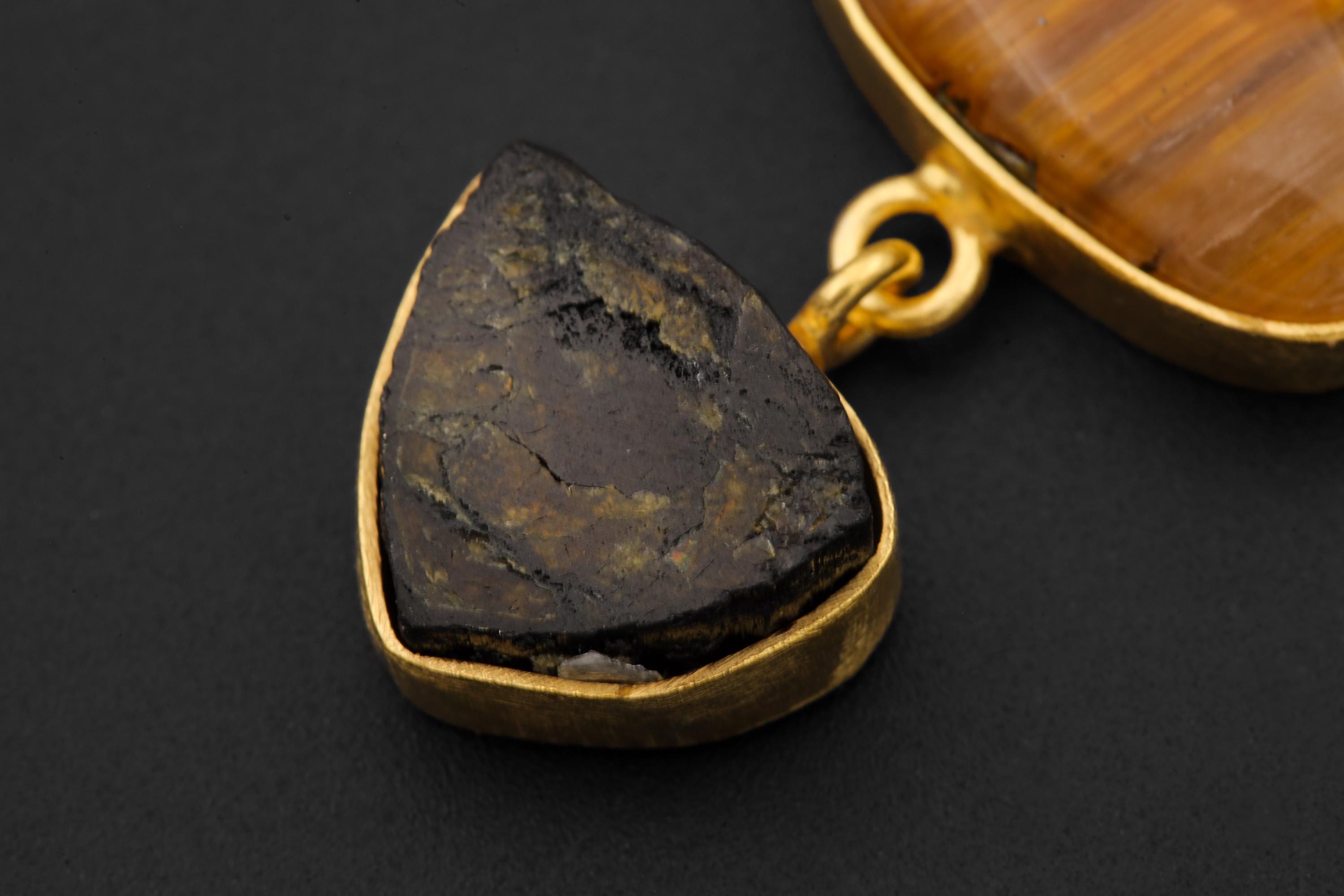 Golden Rutile & Dravite Brown Tourmaline Pendant, 18K Gold Plated 925 Silver, Brushed Textured Talisman, Chakra Energy, Handmade Jewelry