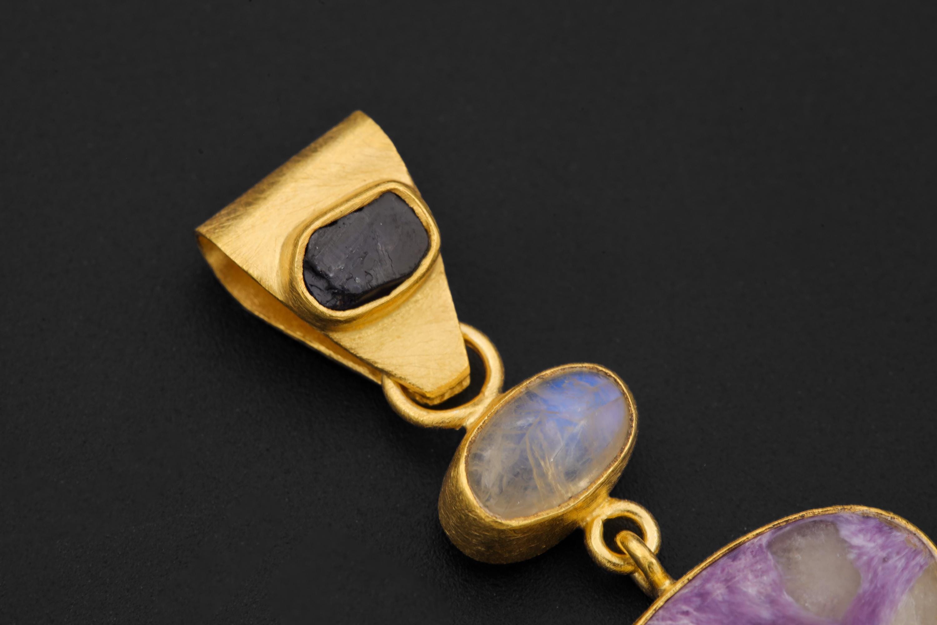 Sapphire Moonstone Charoite Rhodochrosite Pendant 18K Gold Plated 3 Micron, 925 Silver, Spiritual Jewelry, Heart & Crown Chakra Energy