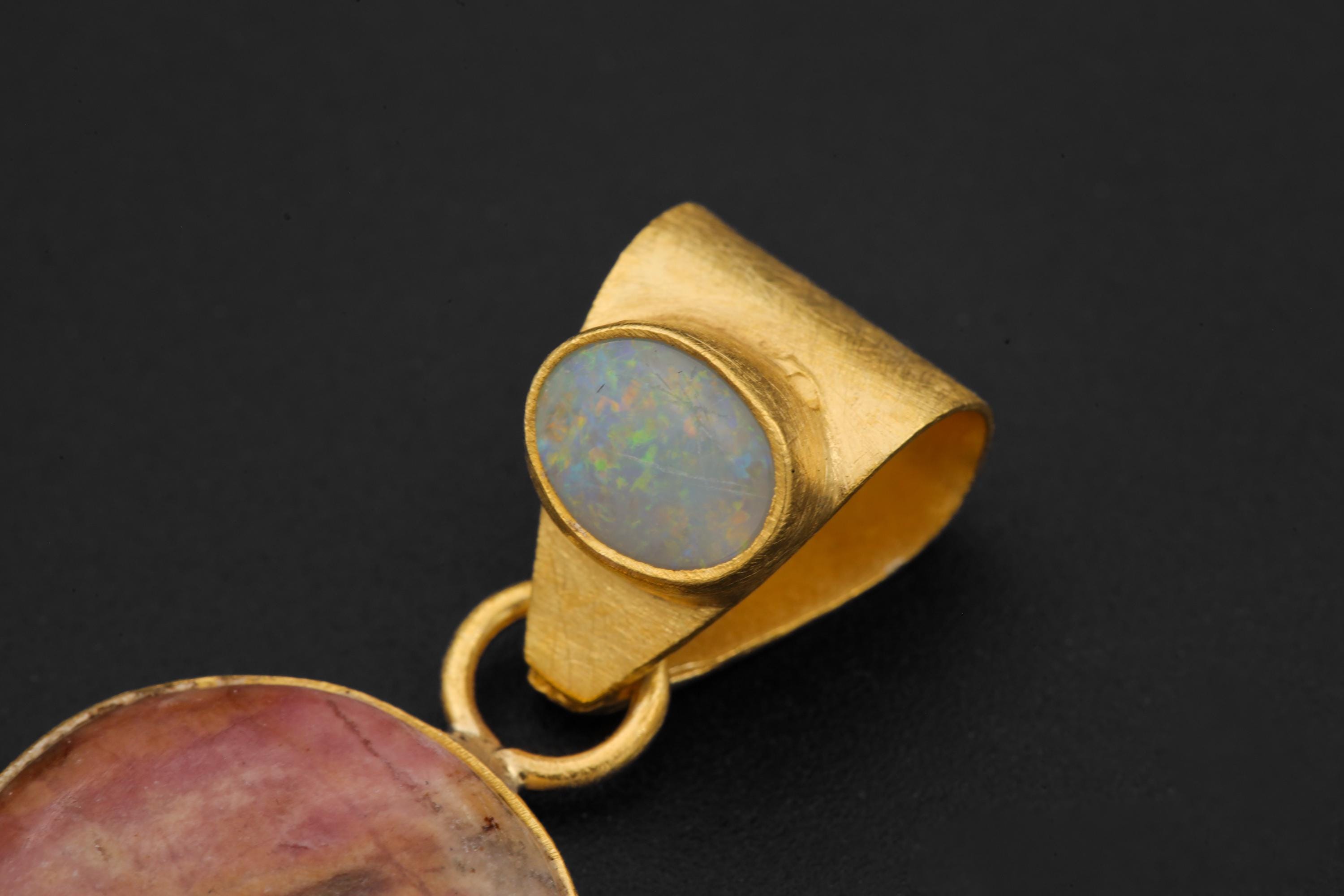 Australian Opal Rhodochrosite Rutilated Quartz Pendant 18K Gold Plated 925 Silver, Brushed Textured, Crystal Jewelry, Handmade Talisman Gift