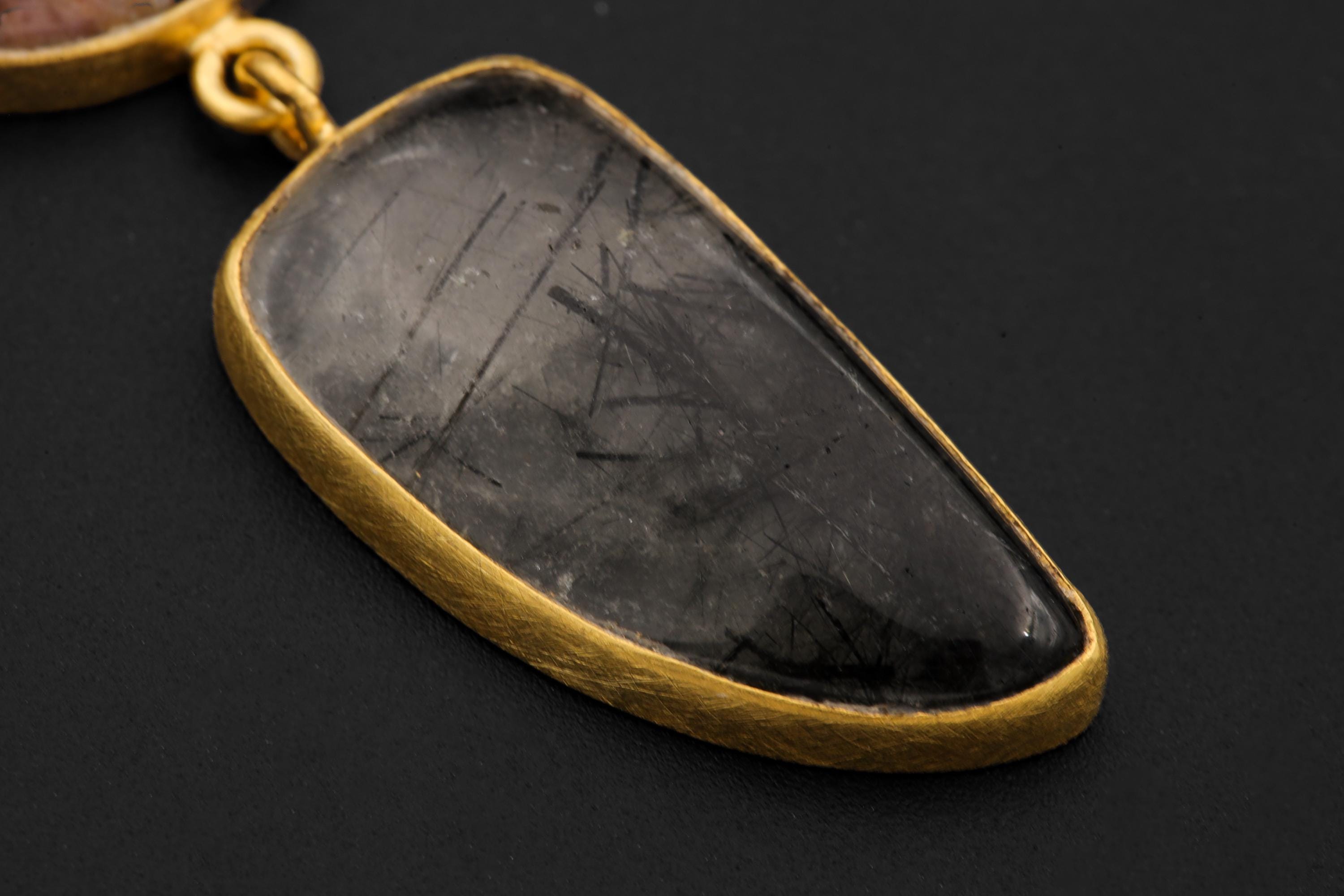 Australian Opal Rhodochrosite Rutilated Quartz Pendant 18K Gold Plated 925 Silver, Brushed Textured, Crystal Jewelry, Handmade Talisman Gift