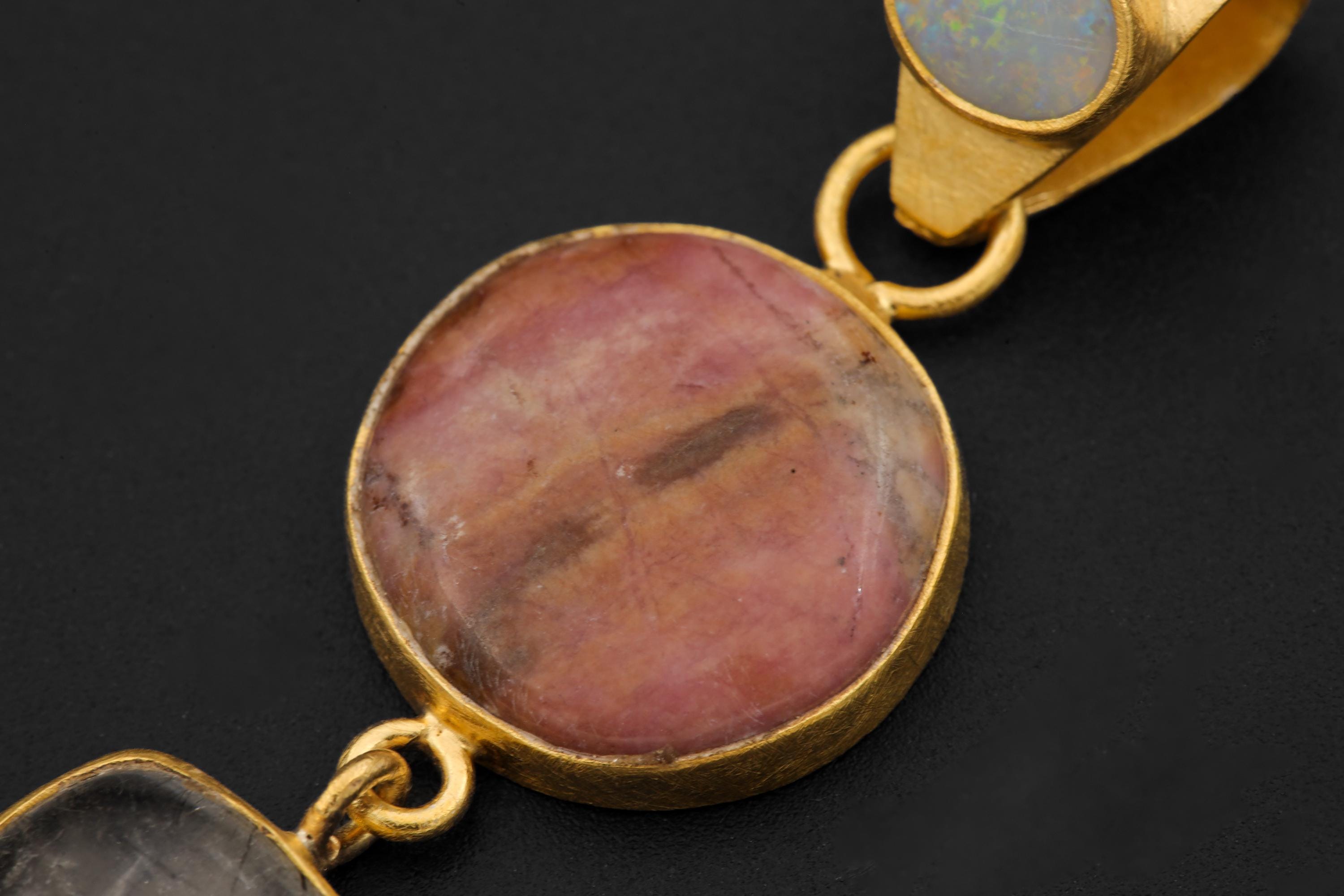 Australian Opal Rhodochrosite Rutilated Quartz Pendant 18K Gold Plated 925 Silver, Brushed Textured, Crystal Jewelry, Handmade Talisman Gift