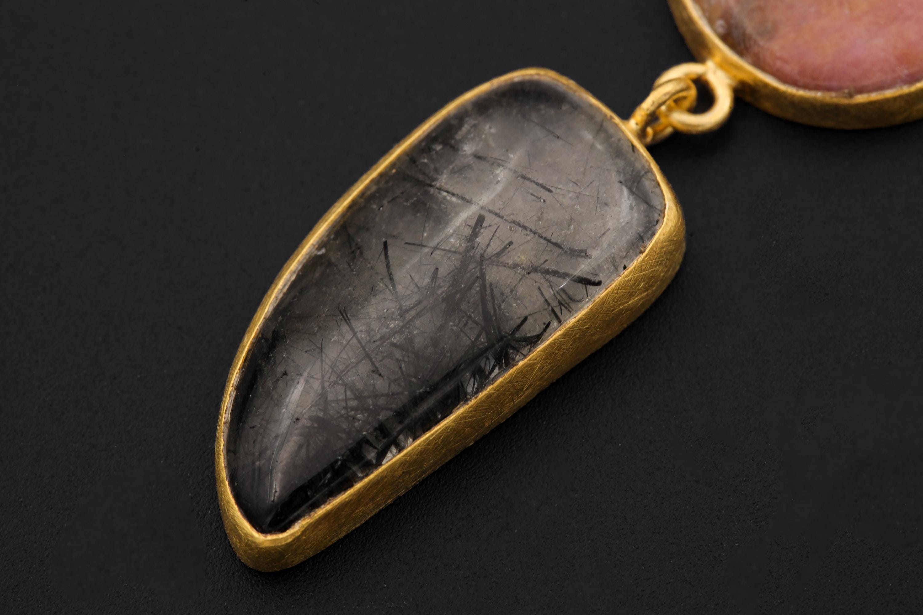 Australian Opal Rhodochrosite Rutilated Quartz Pendant 18K Gold Plated 925 Silver, Brushed Textured, Crystal Jewelry, Handmade Talisman Gift