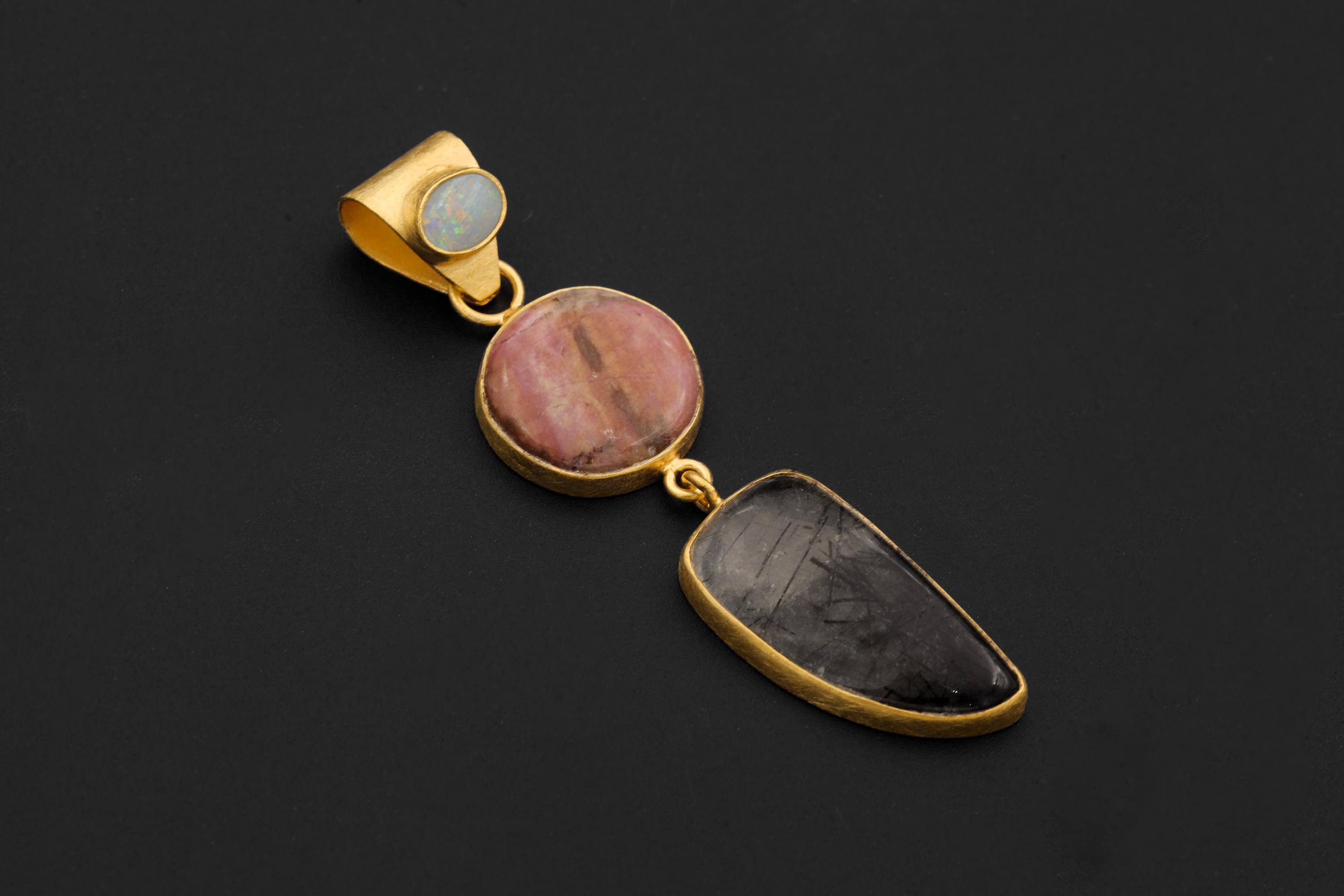 Australian Opal Rhodochrosite Rutilated Quartz Pendant 18K Gold Plated 925 Silver, Brushed Textured, Crystal Jewelry, Handmade Talisman Gift