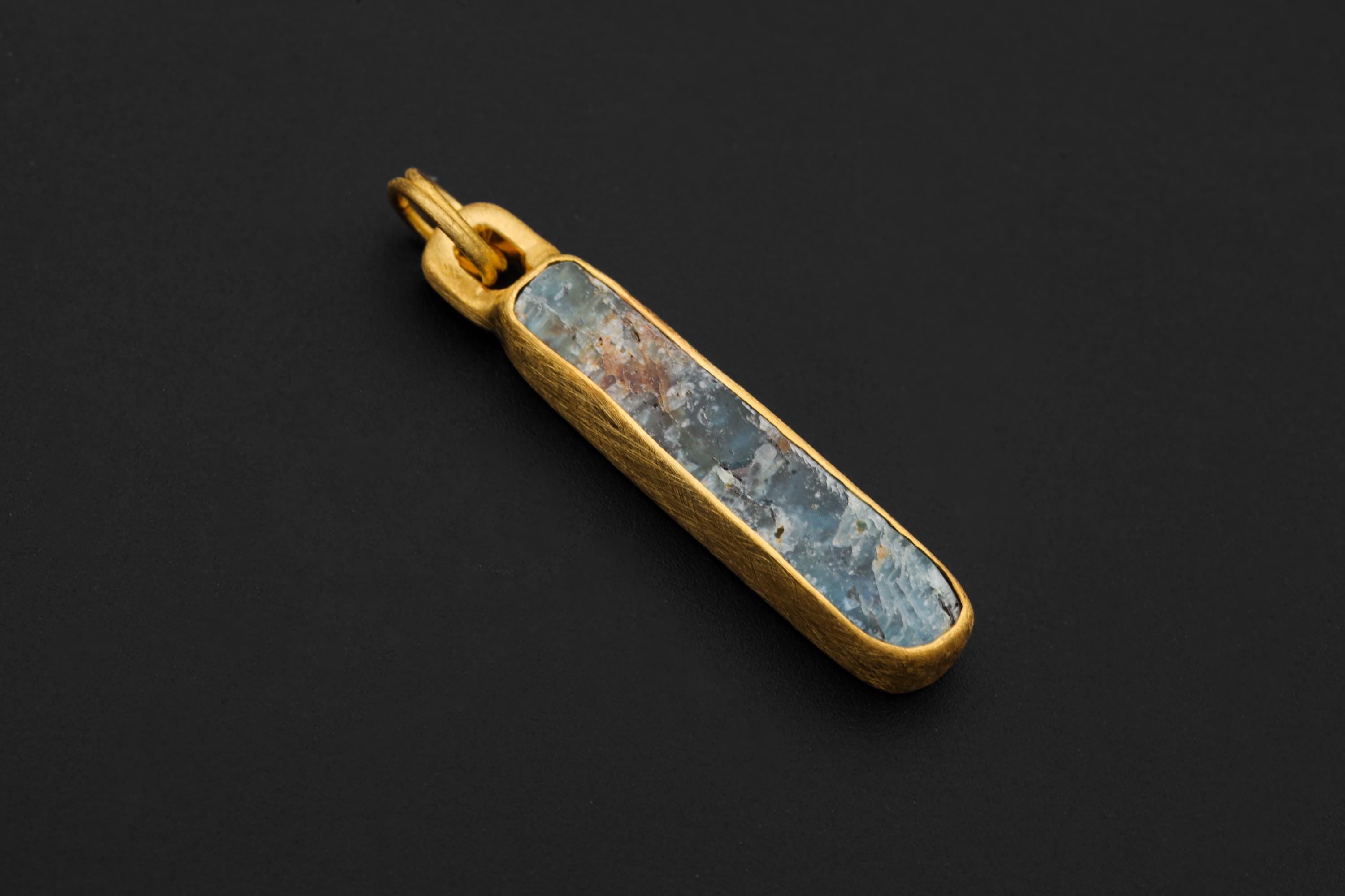 Australian Ocean Kyanite Pendant, 925 Silver, 18K Gold Plated, Raw Long Bar Necklace, Sand Textured Finish, Pisces Healing Jewelry
