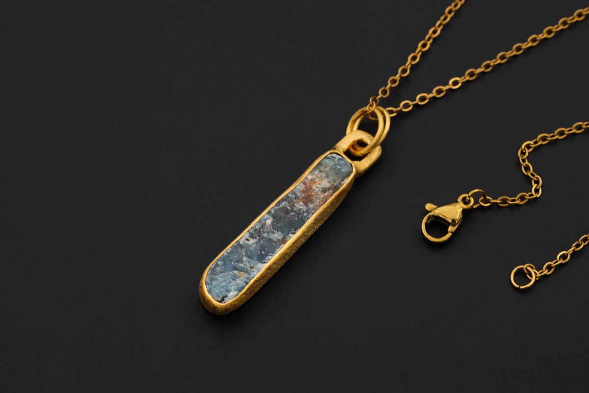 Australian Ocean Kyanite Pendant, 925 Silver, 18K Gold Plated, Raw Long Bar Necklace, Sand Textured Finish, Pisces Healing Jewelry