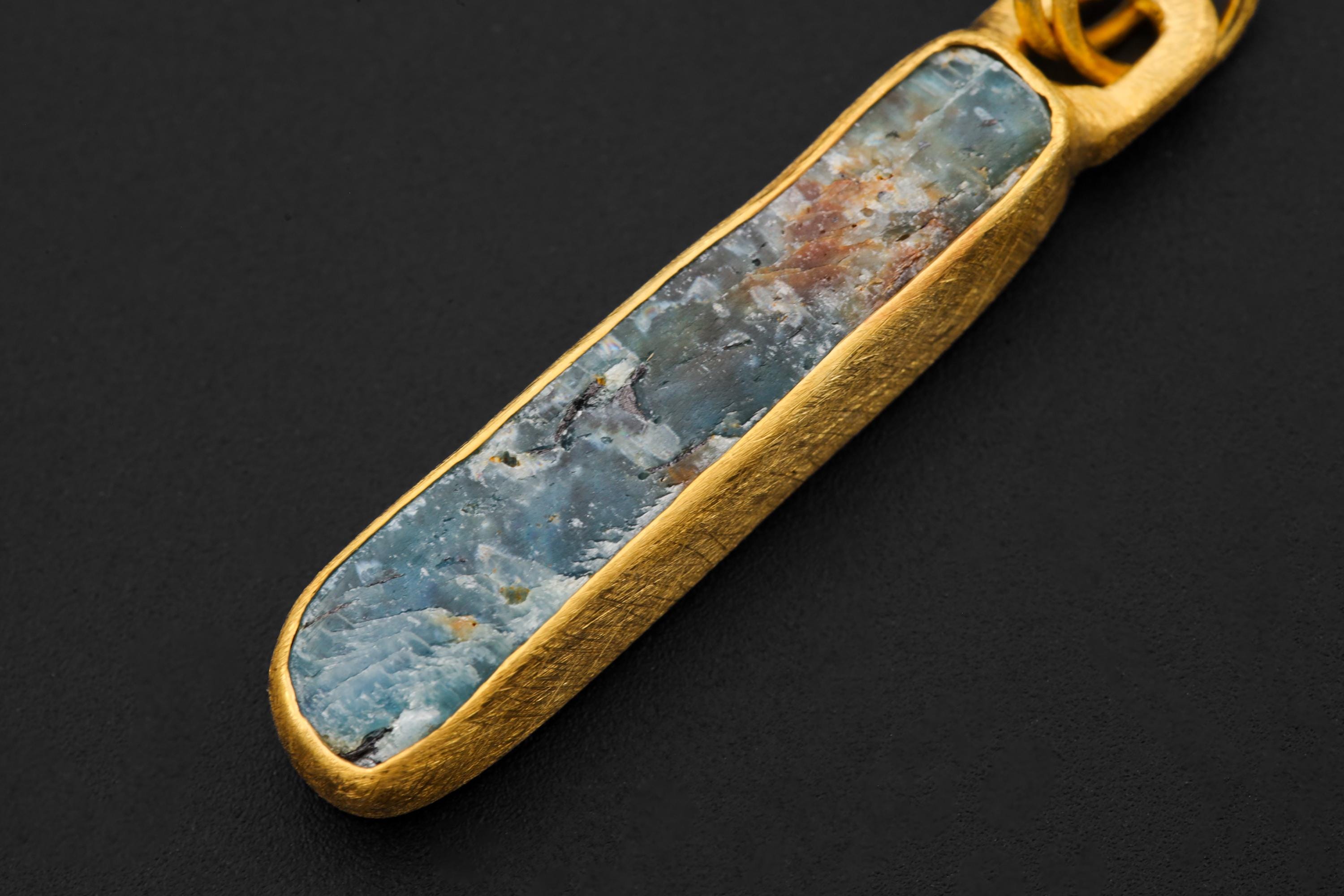 Australian Ocean Kyanite Pendant, 925 Silver, 18K Gold Plated, Raw Long Bar Necklace, Sand Textured Finish, Pisces Healing Jewelry