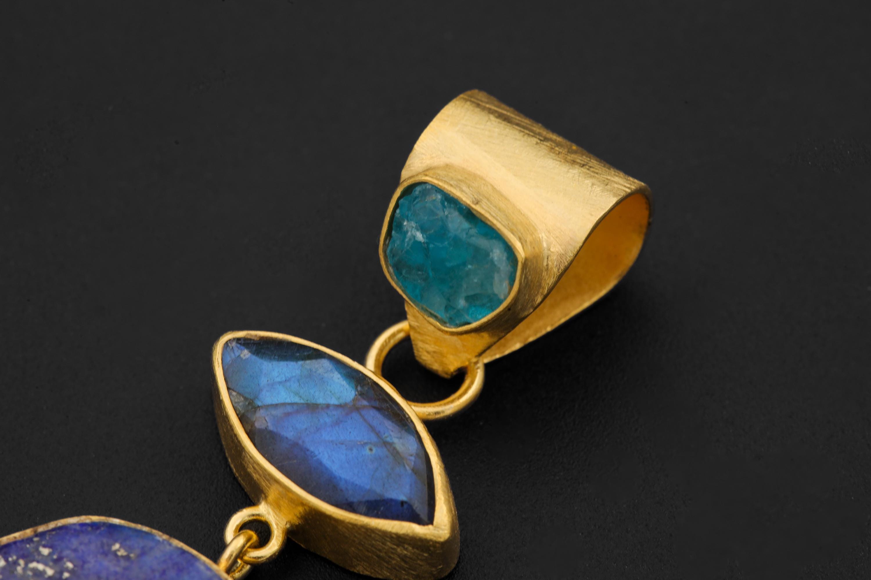 Close-up of triangular Apatite bail and faceted eye-shaped Blue Labradorite in a gold-plated blue gemstone pendant.