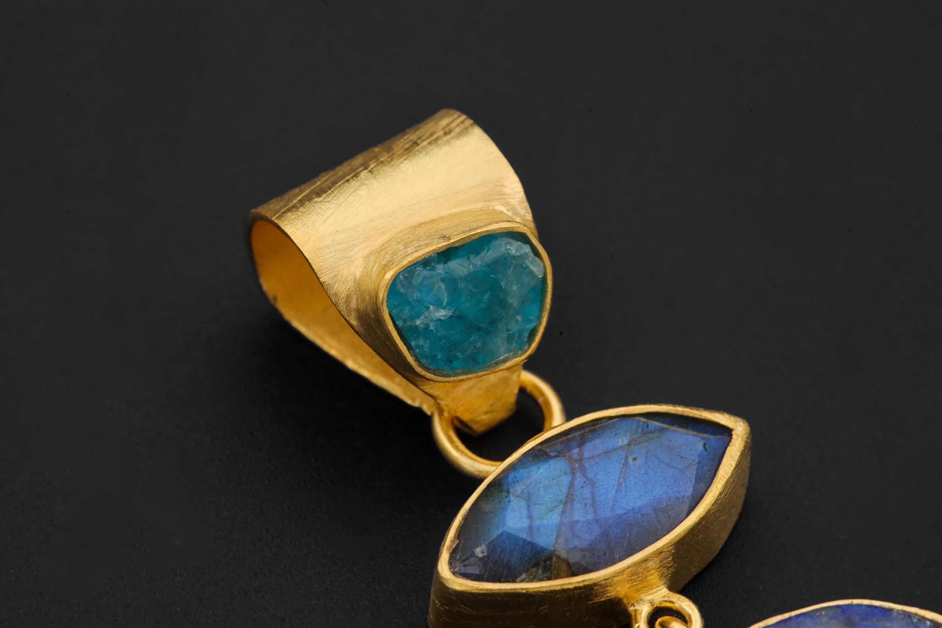 Apatite Labradorite Lapis Lazuli Pendant 18K Gold Plated 925 Silver, Brushed Textured Statement Crystal Jewelry, Blue Chakra Healing Gift