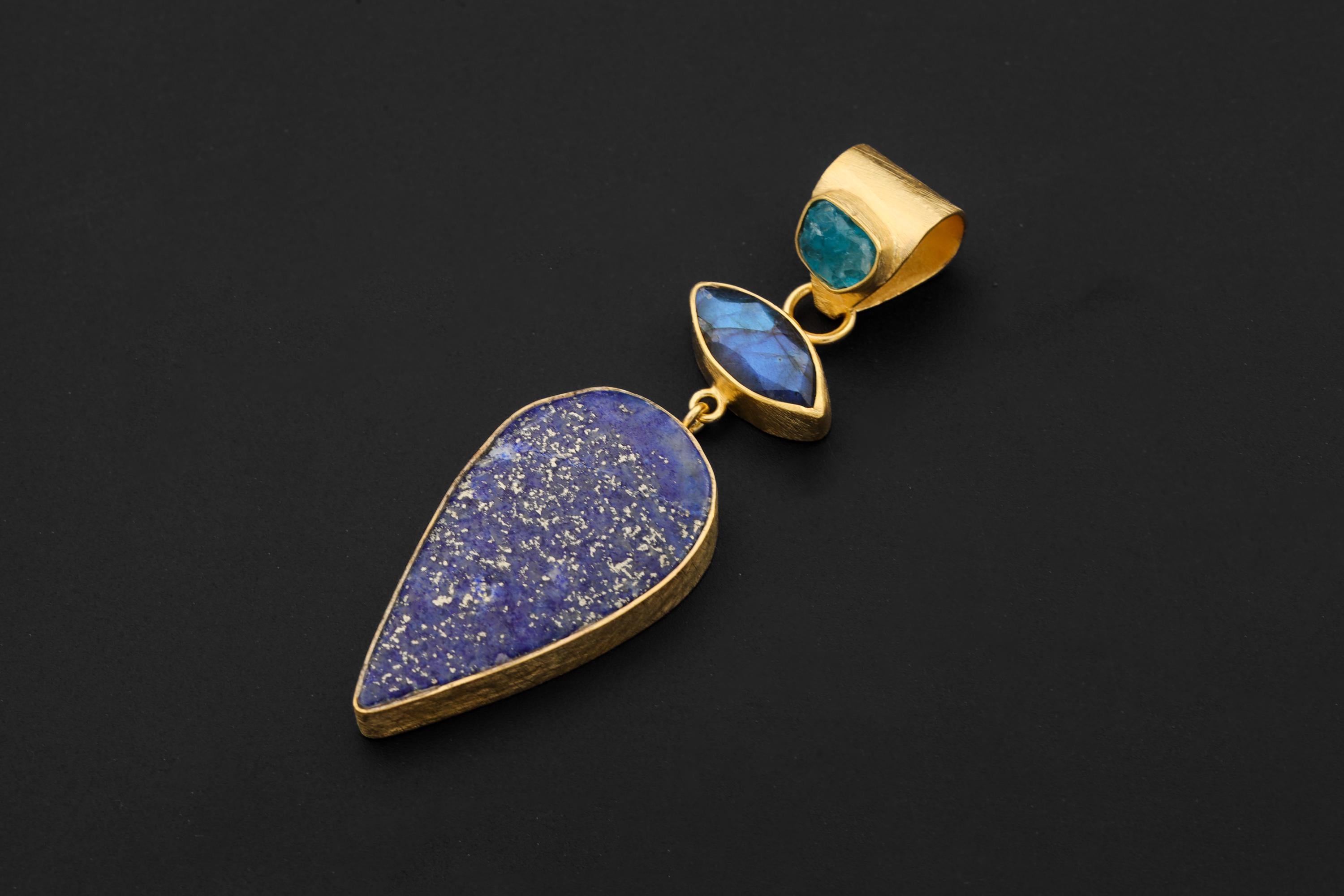 Apatite Labradorite Lapis Lazuli Pendant 18K Gold Plated 925 Silver, Brushed Textured Statement Crystal Jewelry, Blue Chakra Healing Gift