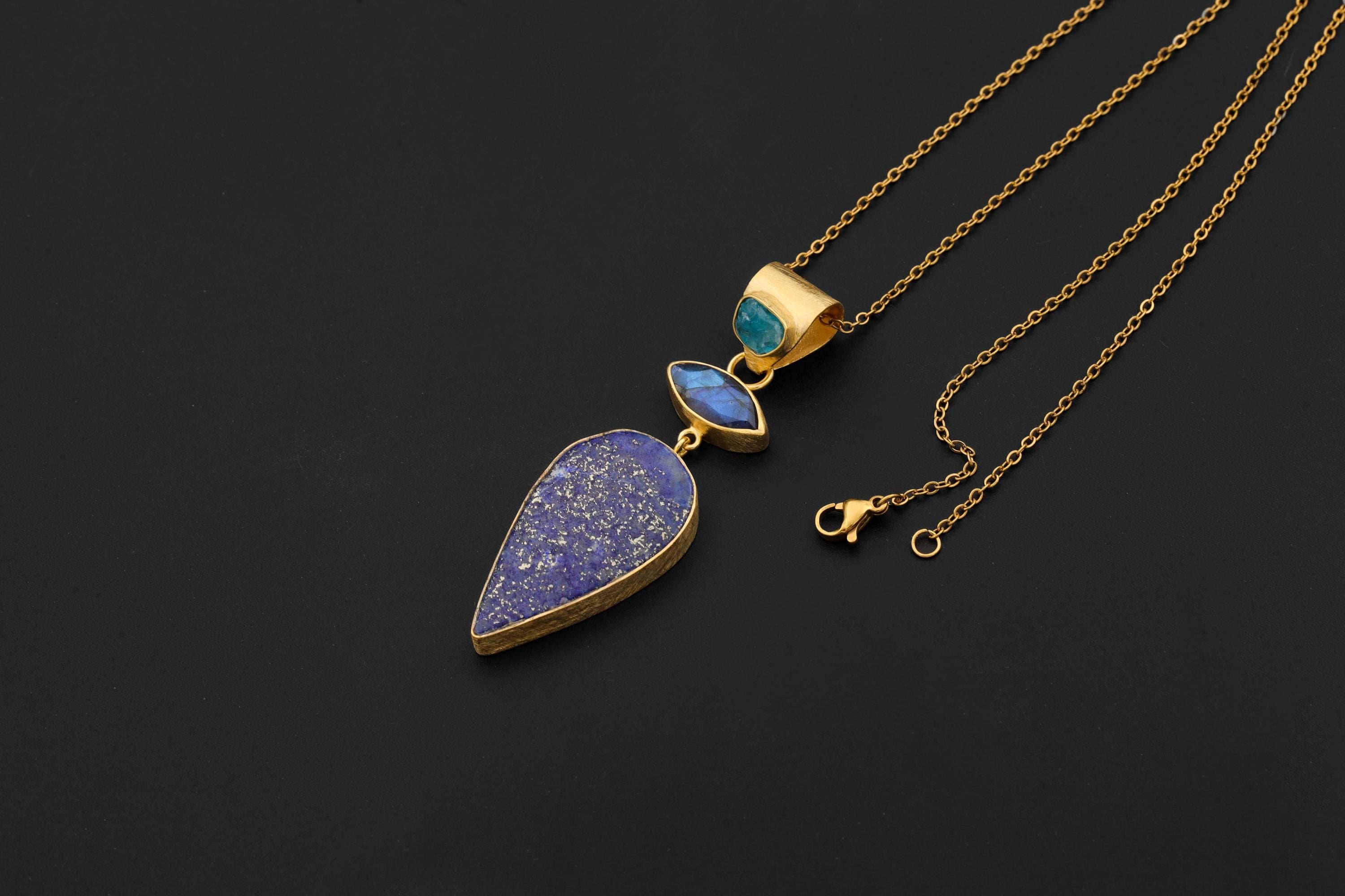 Apatite Labradorite Lapis Lazuli Pendant 18K Gold Plated 925 Silver, Brushed Textured Statement Crystal Jewelry, Blue Chakra Healing Gift