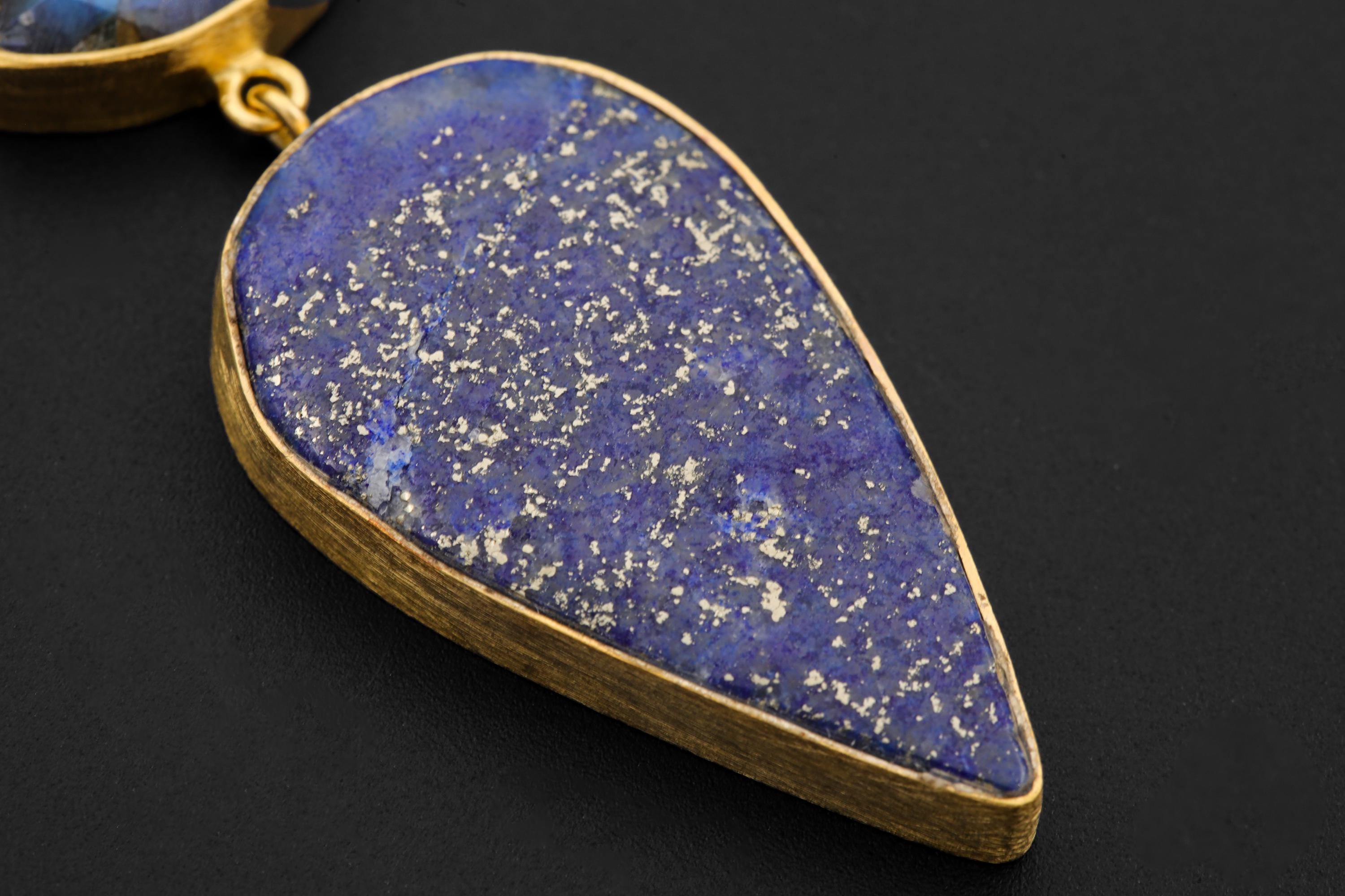 Apatite Labradorite Lapis Lazuli Pendant 18K Gold Plated 925 Silver, Brushed Textured Statement Crystal Jewelry, Blue Chakra Healing Gift