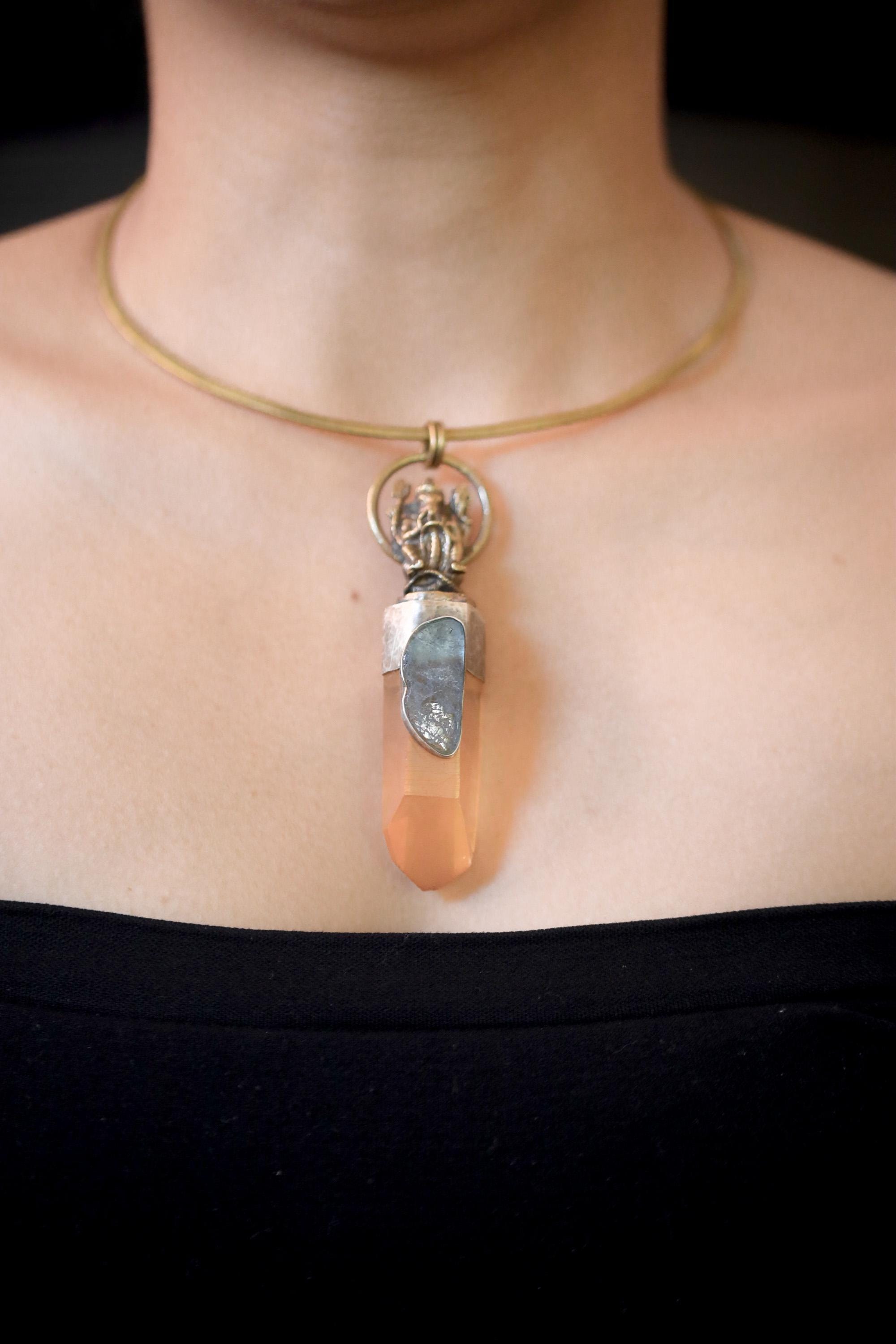 Lemurian Quartz Pendant Ganesha Brass 925 Silver Aquamarine Cabochon Oxidized Hammered Spiritual Jewelry