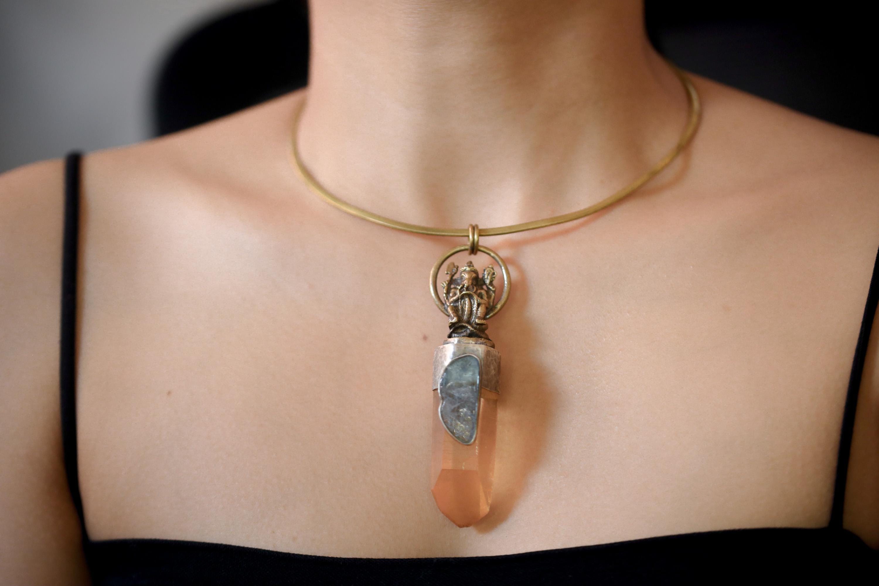 Lemurian Quartz Pendant Ganesha Brass 925 Silver Aquamarine Cabochon Oxidized Hammered Spiritual Jewelry