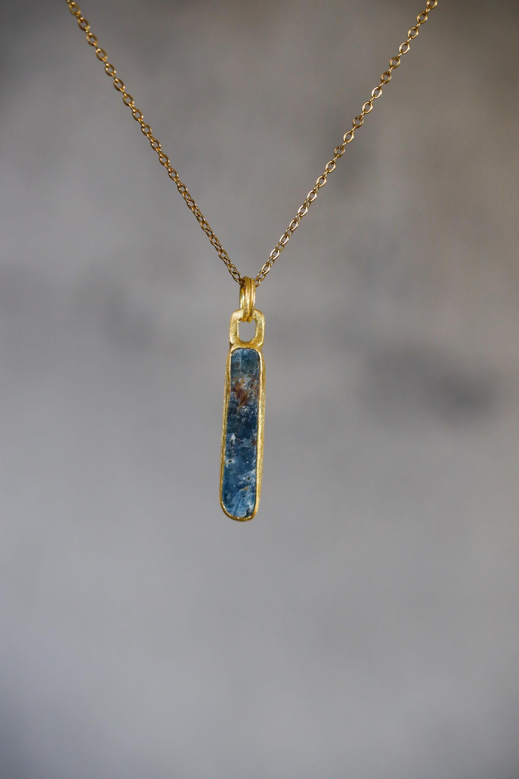 Australian Ocean Kyanite Pendant, 925 Silver, 18K Gold Plated, Raw Long Bar Necklace, Sand Textured Finish, Pisces Healing Jewelry