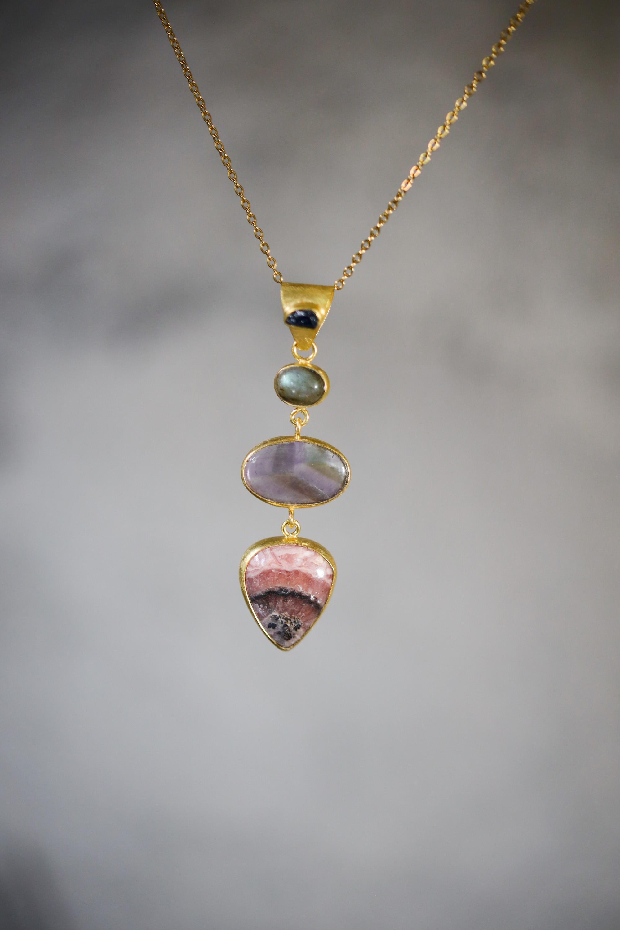 Sapphire Moonstone Charoite Rhodochrosite Pendant 18K Gold Plated 3 Micron, 925 Silver, Spiritual Jewelry, Heart & Crown Chakra Energy