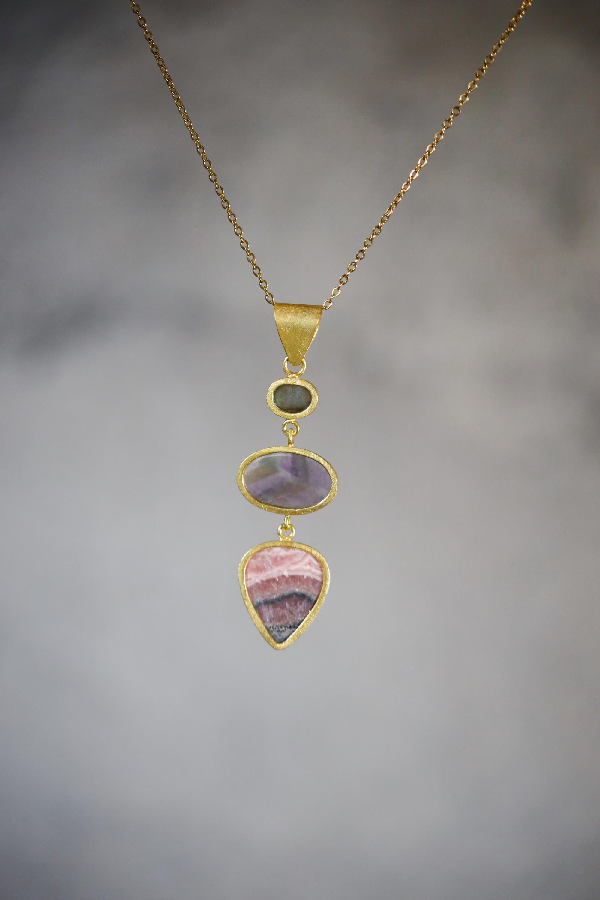 Sapphire Moonstone Charoite Rhodochrosite Pendant 18K Gold Plated 3 Micron, 925 Silver, Spiritual Jewelry, Heart & Crown Chakra Energy