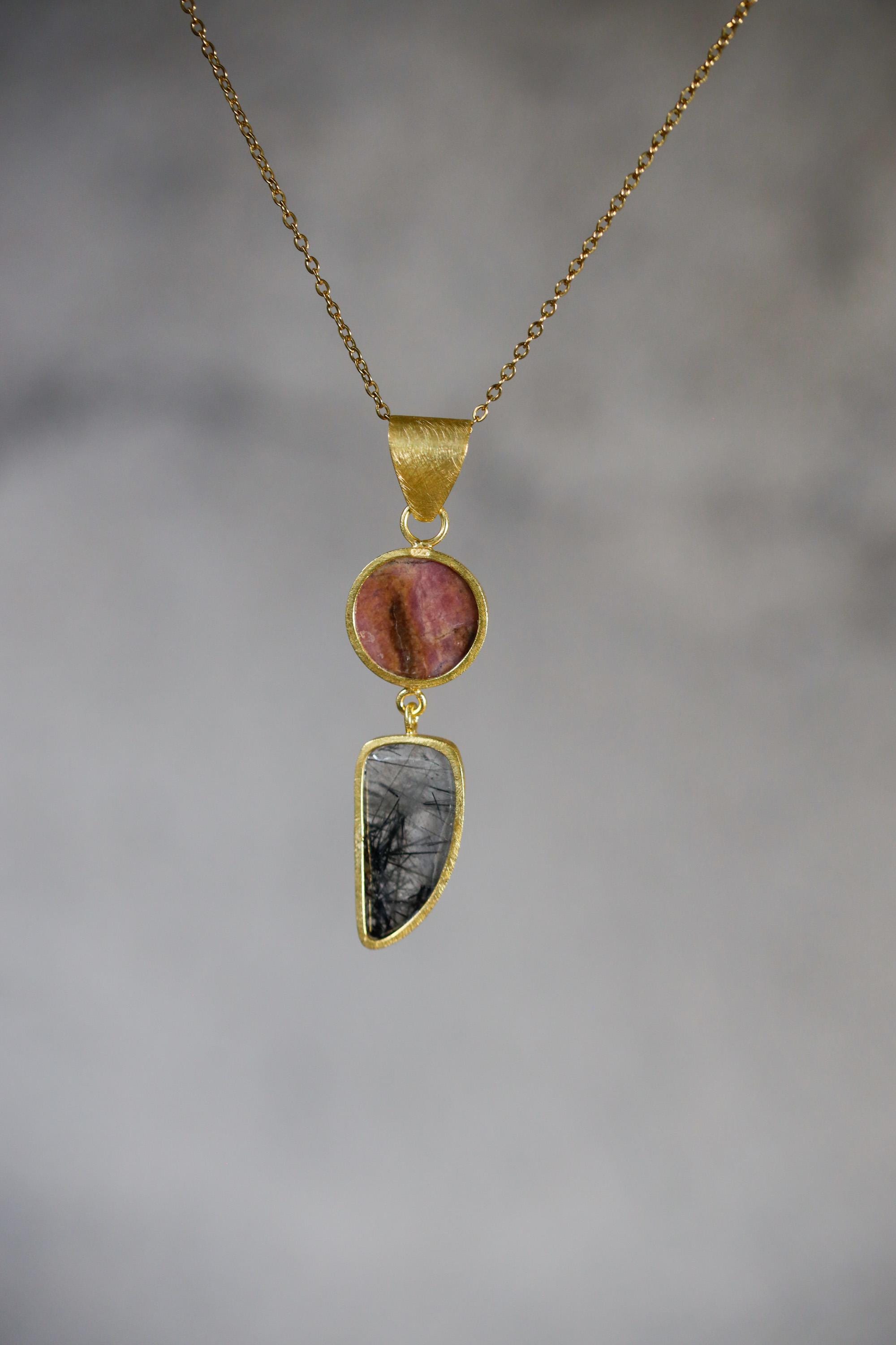 Australian Opal Rhodochrosite Rutilated Quartz Pendant 18K Gold Plated 925 Silver, Brushed Textured, Crystal Jewelry, Handmade Talisman Gift