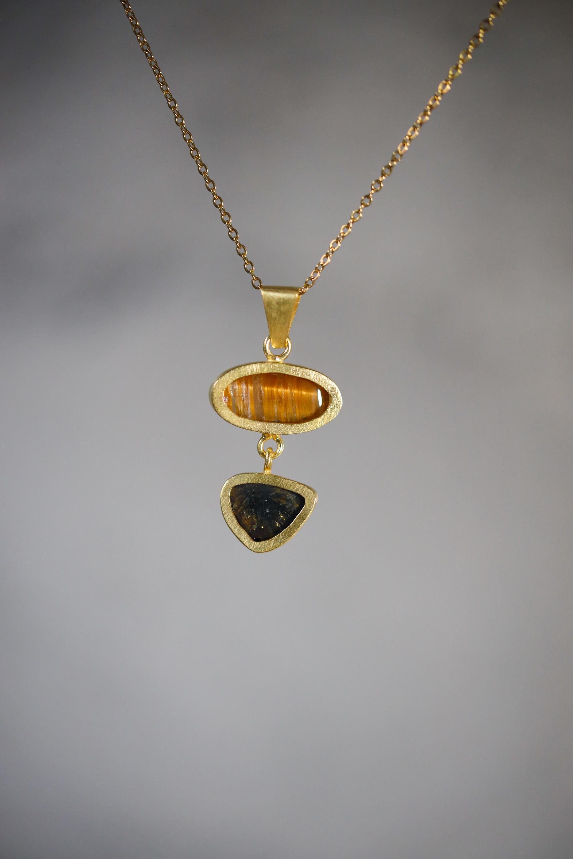 Golden Rutile & Dravite Brown Tourmaline Pendant, 18K Gold Plated 925 Silver, Brushed Textured Talisman, Chakra Energy, Handmade Jewelry