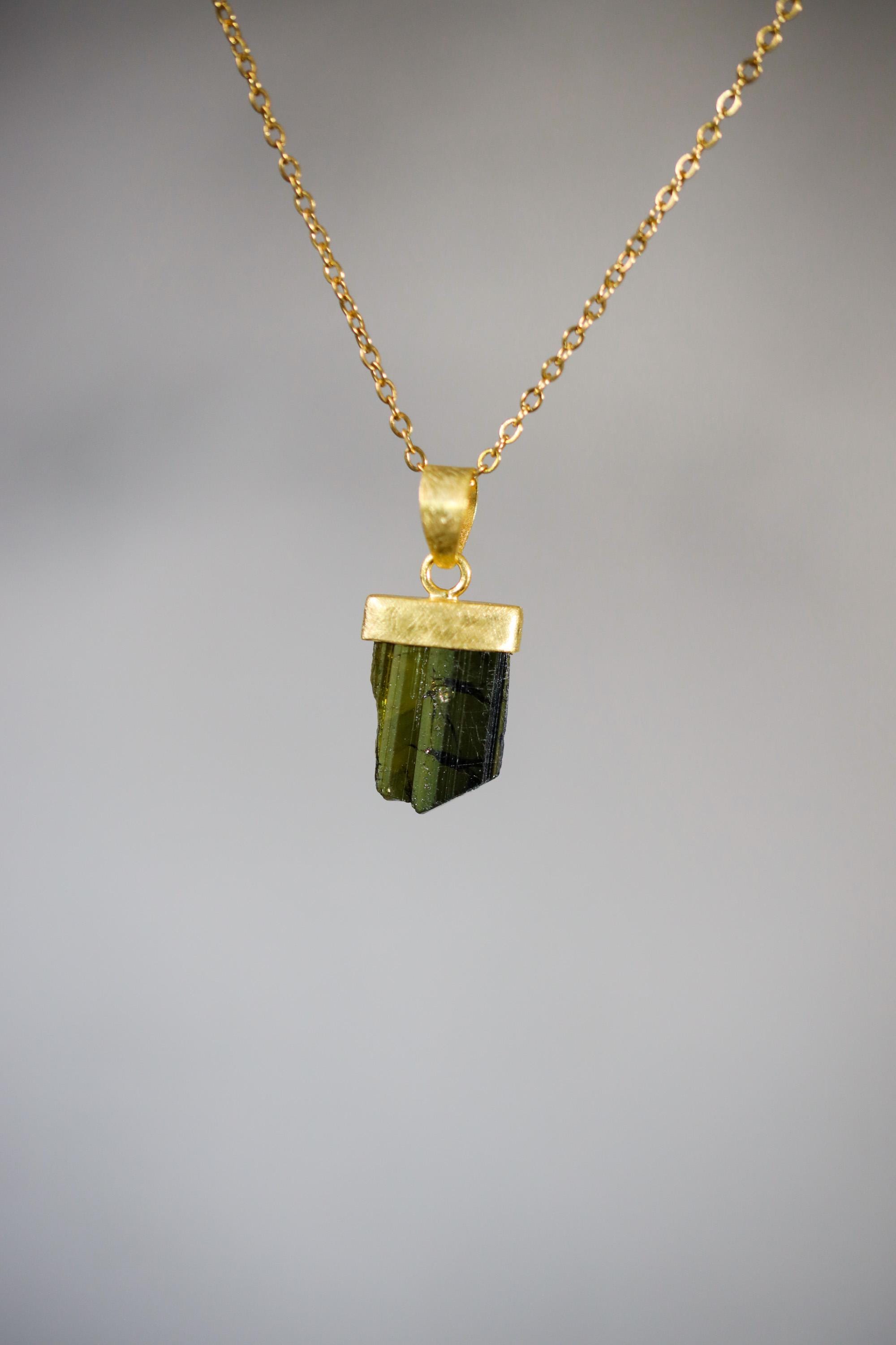 Raw Green Tourmaline Pendant, 925 Silver, 18K Gold Plated, Triangular Bail, Brushed Texture Finish, Heart Chakra Crystal Jewelry