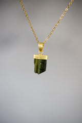 Raw Green Tourmaline Pendant, 18K Gold Plated Silver, Heart Chakra Jewelry