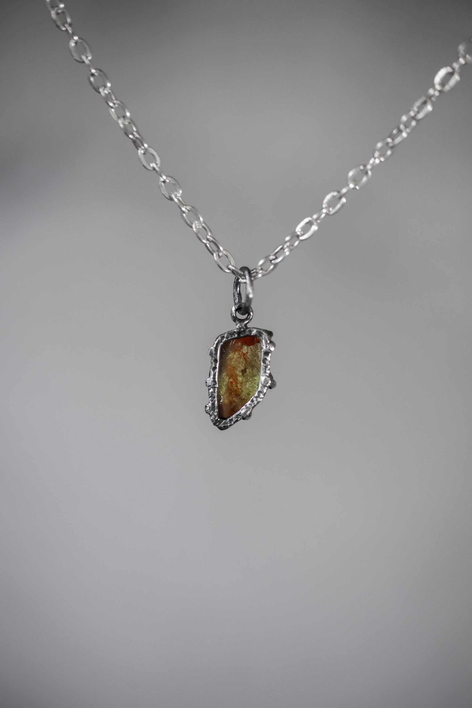 Polished Slice of Natural Watermelon Tourmaline Wand with Darker Rind Pendant, 925 Sterling Silver, Hammer Textured Oxidized, Claw Setting