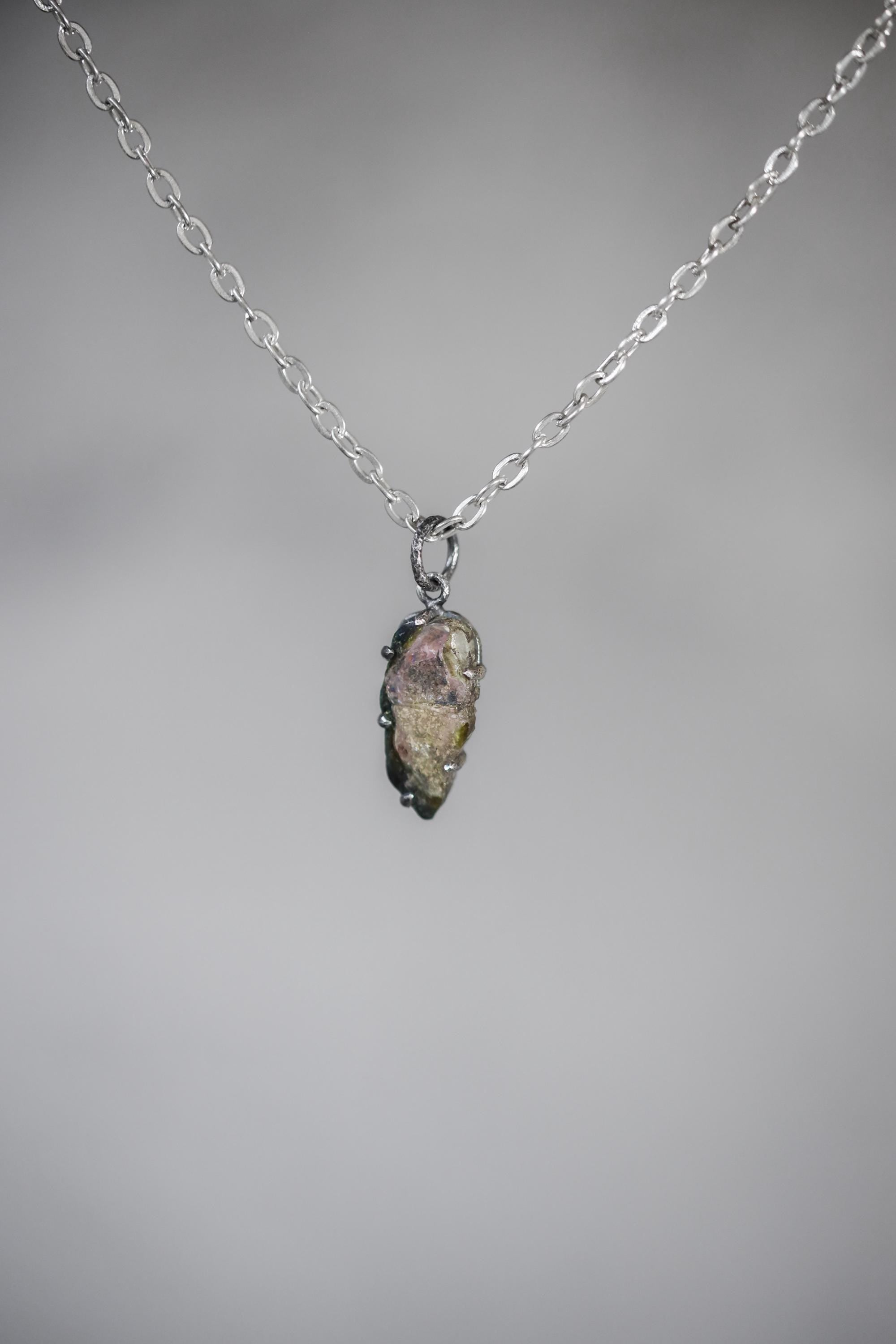 Polished Slice of Natural Watermelon Tourmaline Wand with Darker Rind Pendant, 925 Silver, Oxidized, Heart Chakra Crystal Jewelry Gift