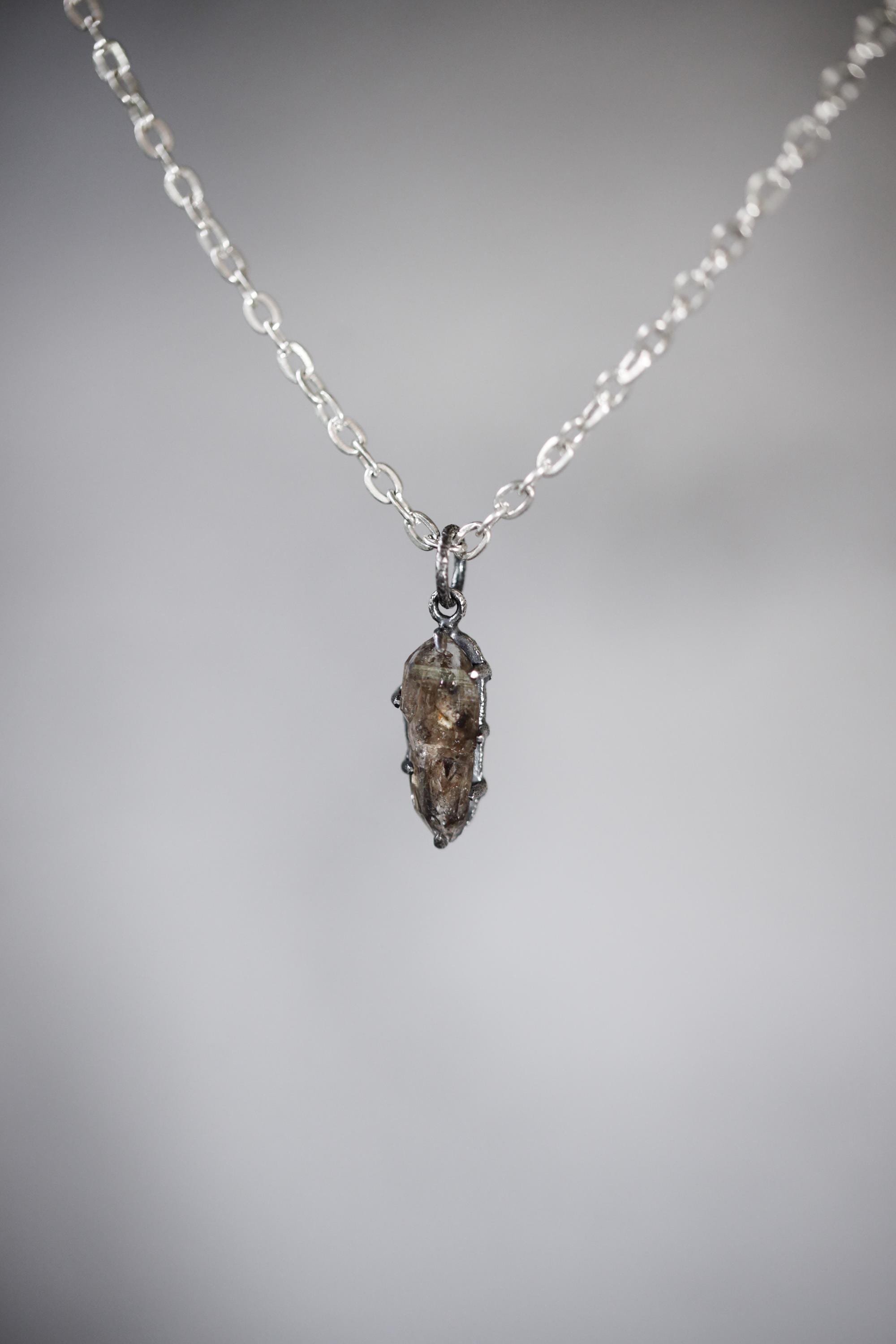 Tibetan Double Terminated Anhydro Carbon Inclusion Quartz Specimen Pendant, Raw Crystal, Sterling Silver Claw Setting, Oxidized Finish