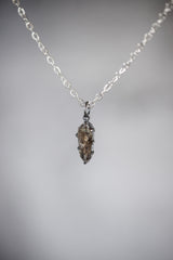 Tibetan Double Terminated Anhydro Carbon Inclusion Quartz Specimen Pendant, Raw Crystal, Sterling Silver Claw Setting, Oxidized Finish